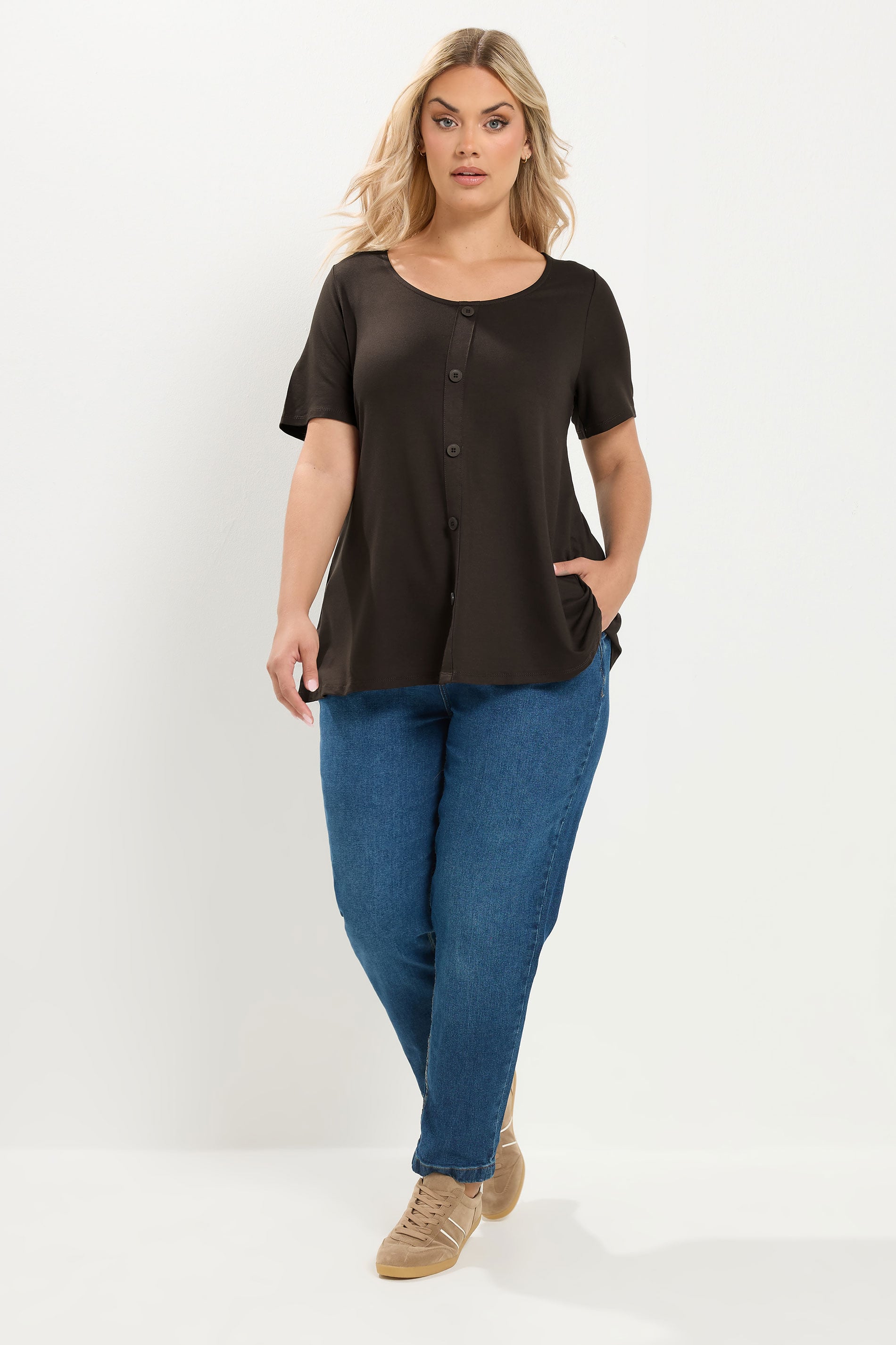 YOURS Plus Size Chocolate Brown Button Front Top | Yours Clothing 1