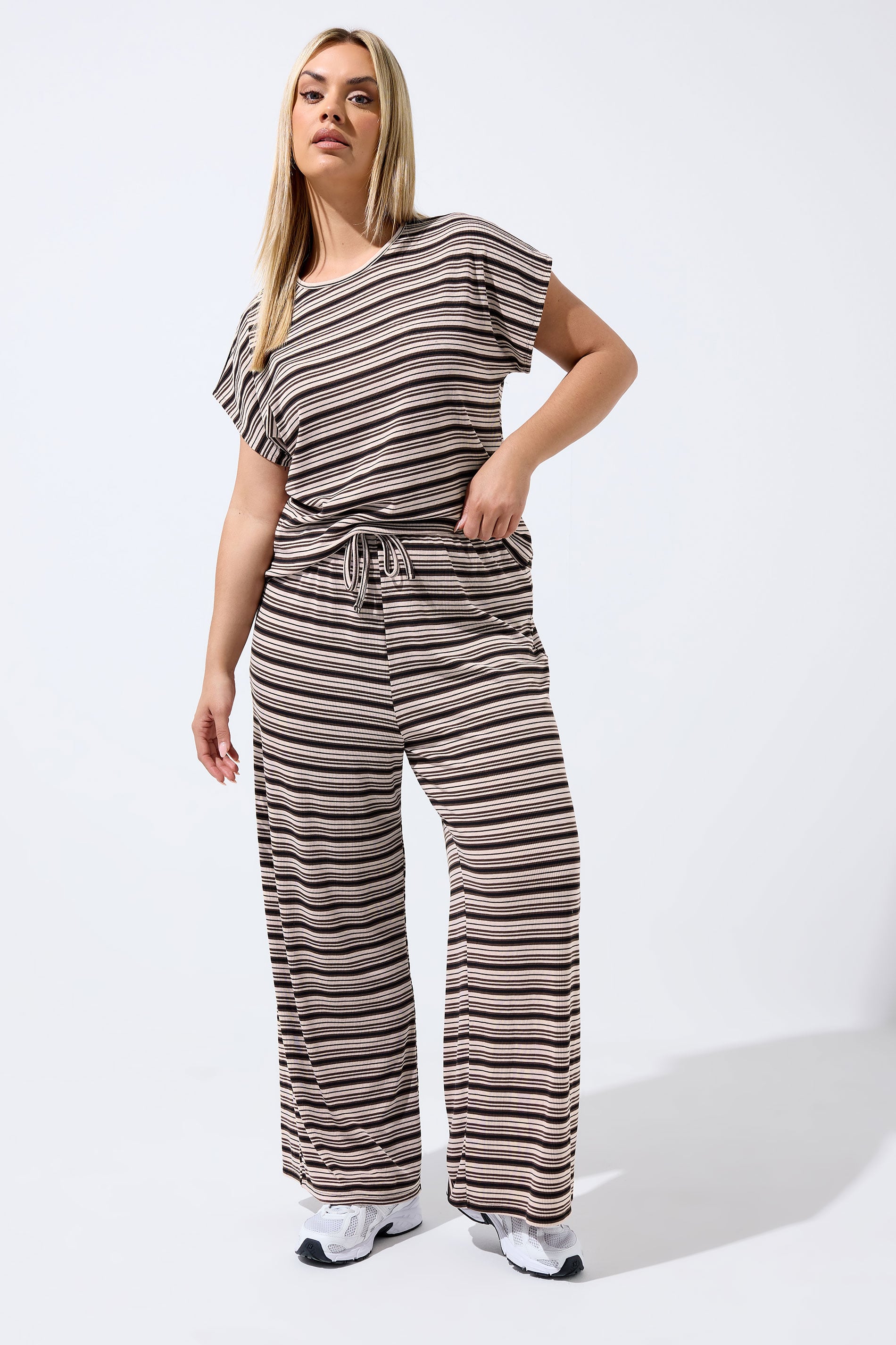 LIMITED COLLECITON Plus Size Brown Stripe Ribbed Wide Leg Trousers | Yours Clothing 3