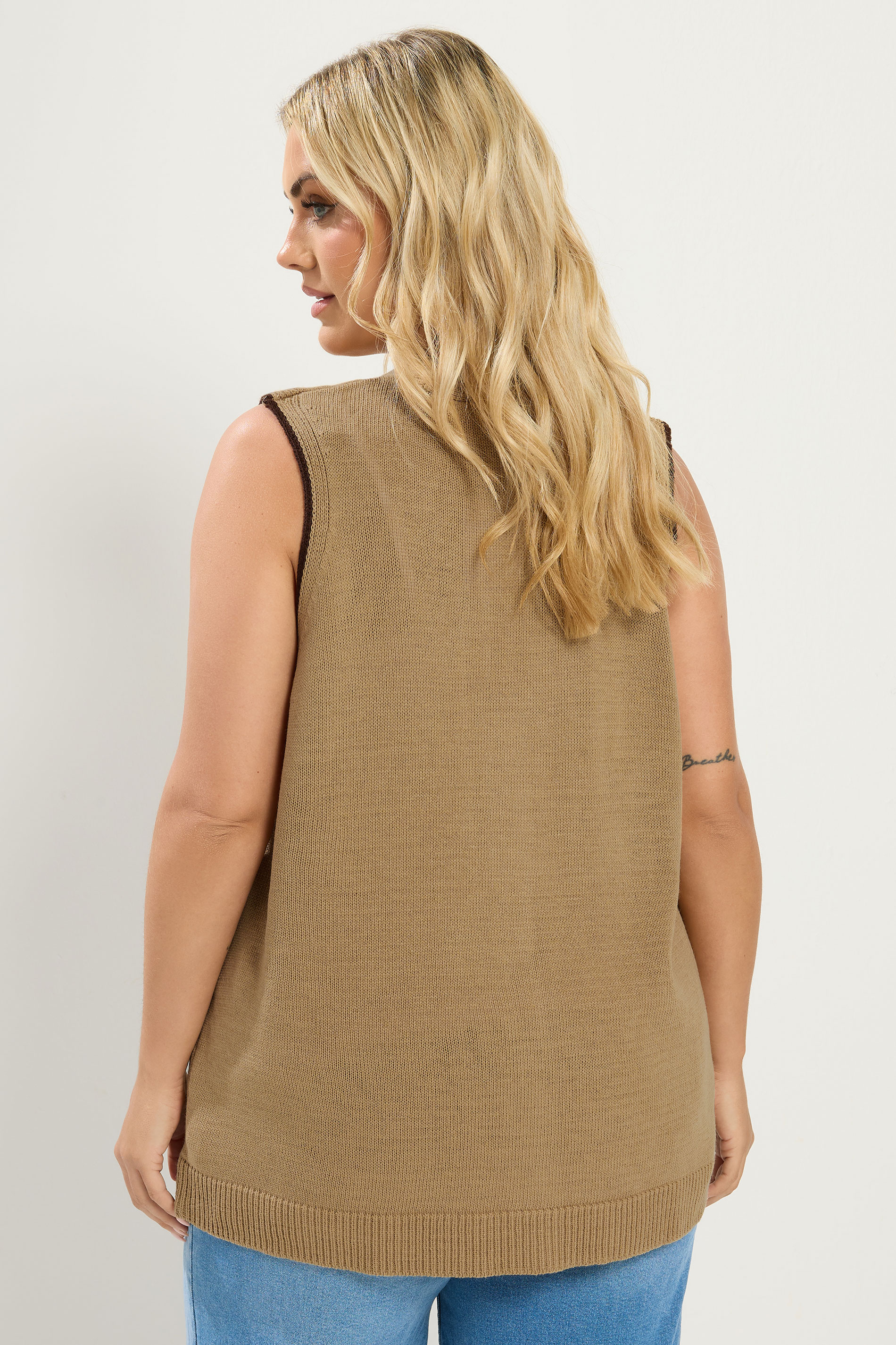 YOURS Plus Size Natural Brown Contrast Trim Knitted Waistcoat | Yours Clothing 2