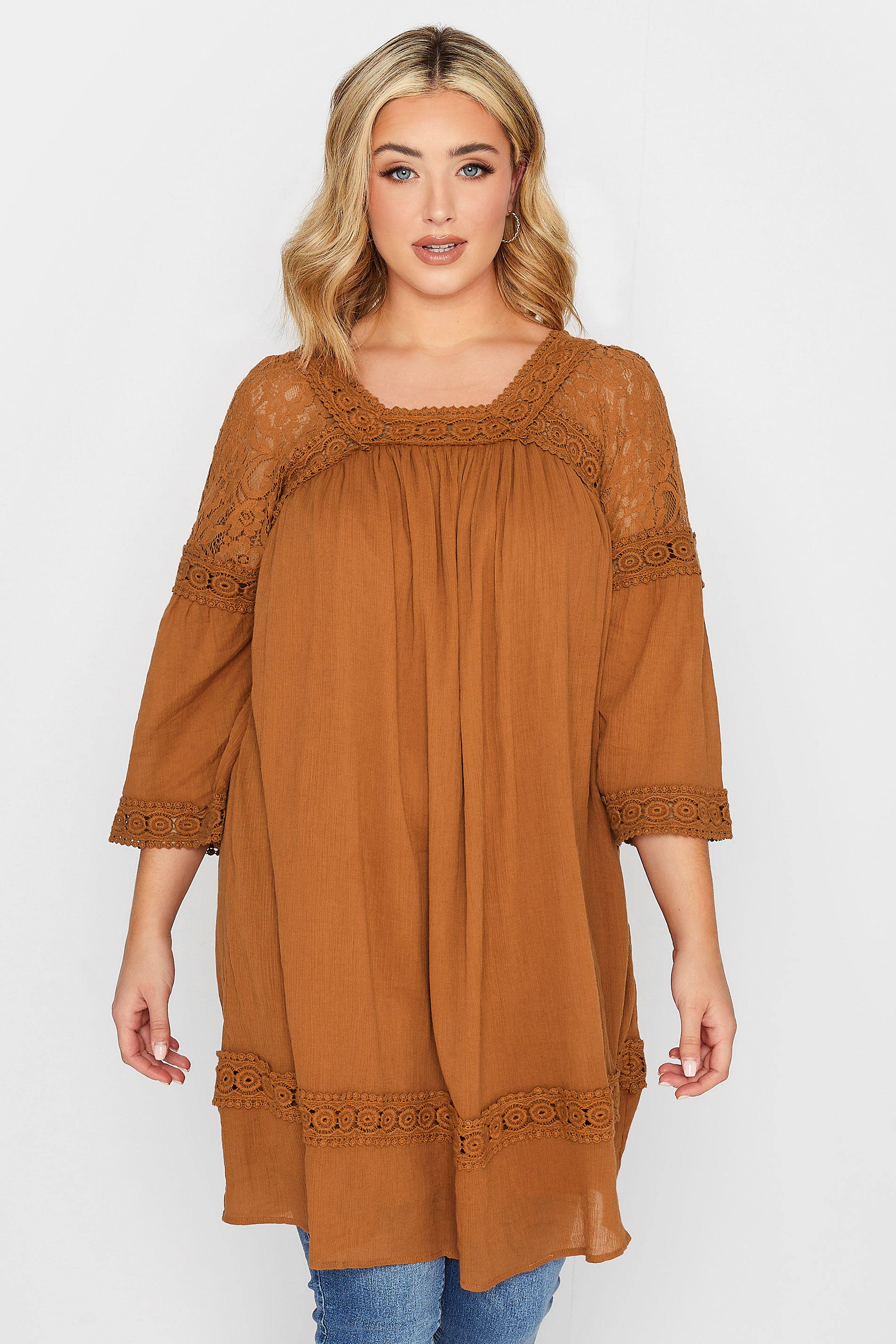 YOURS Curve Plus Size Orange Crochet Lace Tunic Blouse | Yours Clothing  1