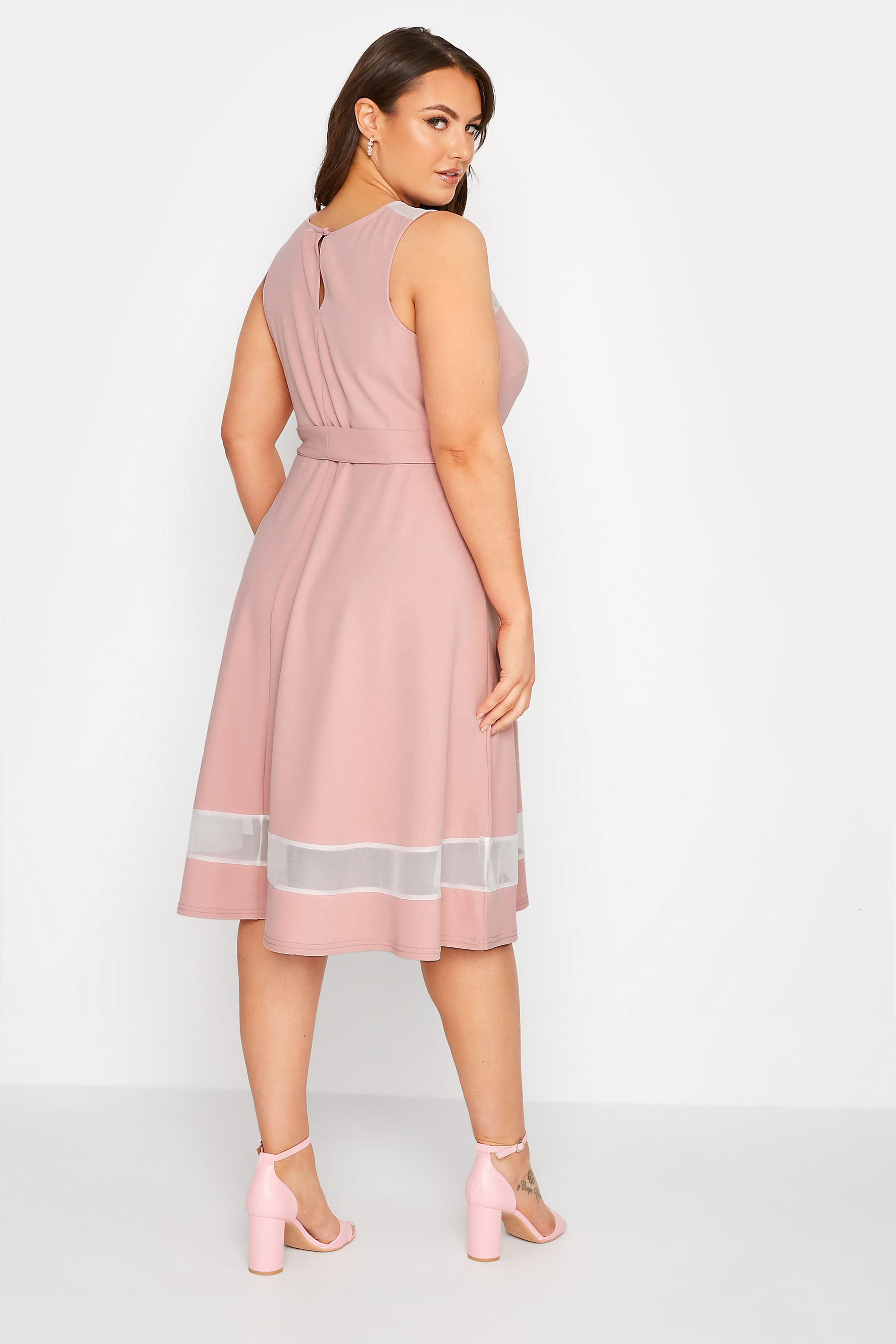 YOURS LONDON Plus Size Pink Mesh Panel Skater Dress | Yours Clothing 3