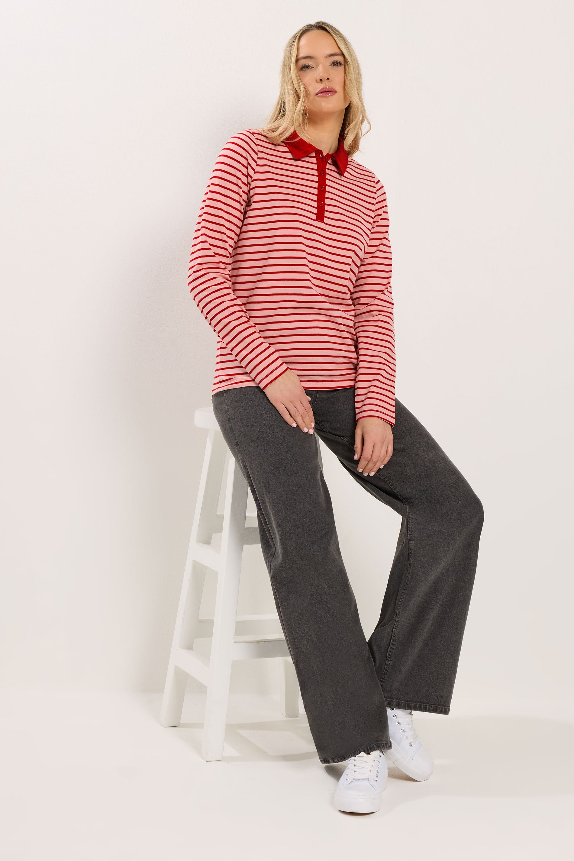 LTS Tall Women's Red and Pink Stripe Polo Cotton T-Shirt | Long Tall Sally 2