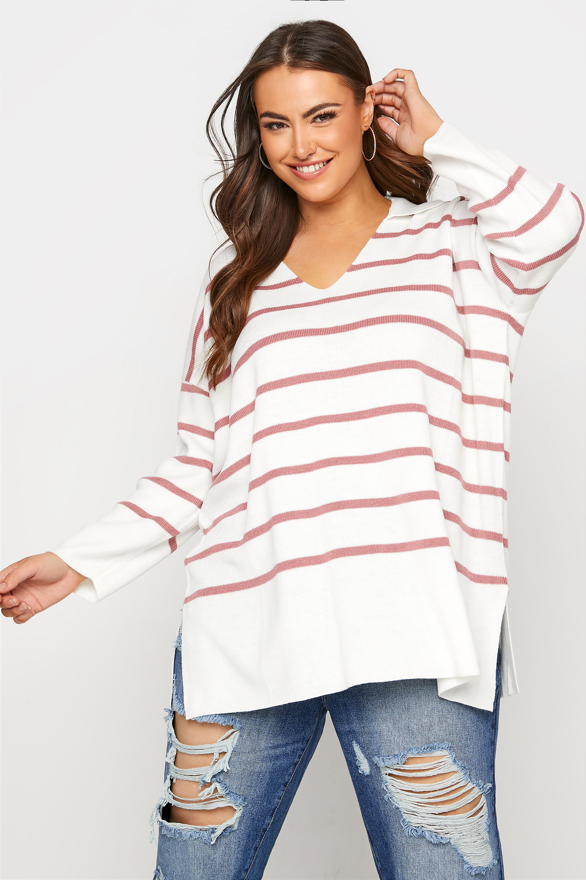 Plus Size Curve White & Pink Stripe Collared Jumper | Yours Clothing 1