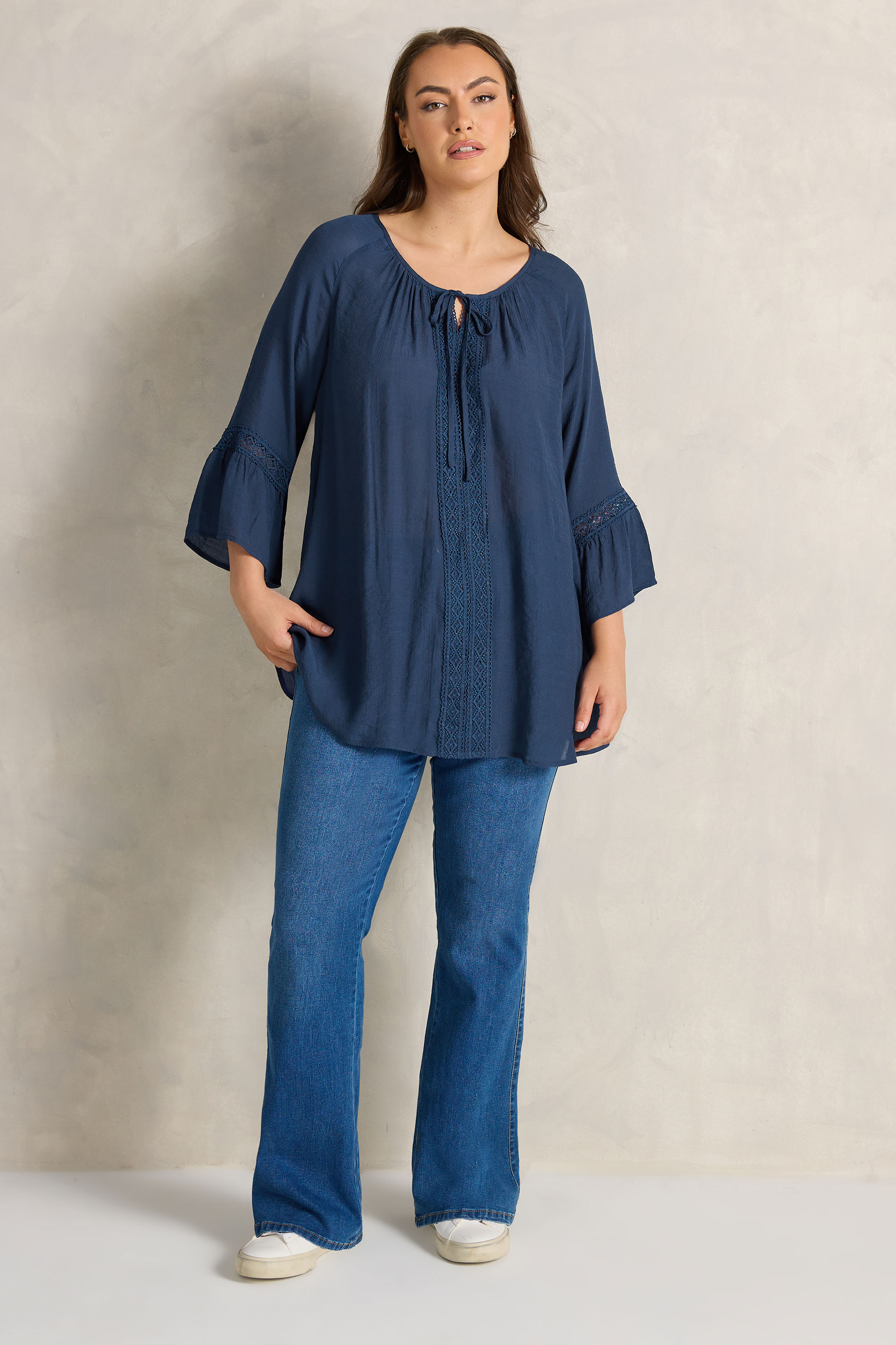 EVANS Plus Size Navy Blue Crochet Detail Tie Neck Blouse | Evans  2