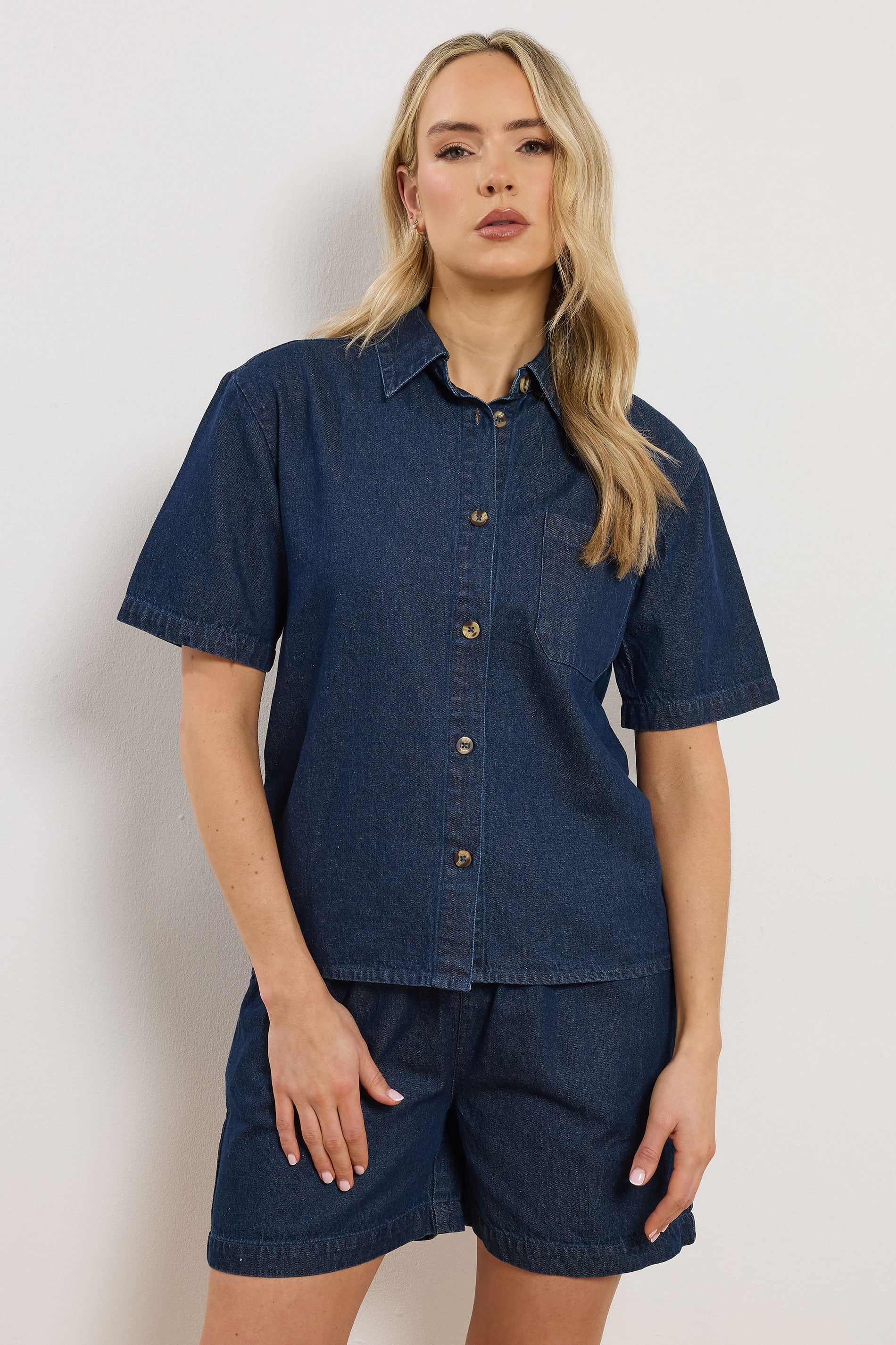 LTS Tall Women's Indigo Blue Denim Short Sleeve Cotton Shirt | Long Tall Sally 3