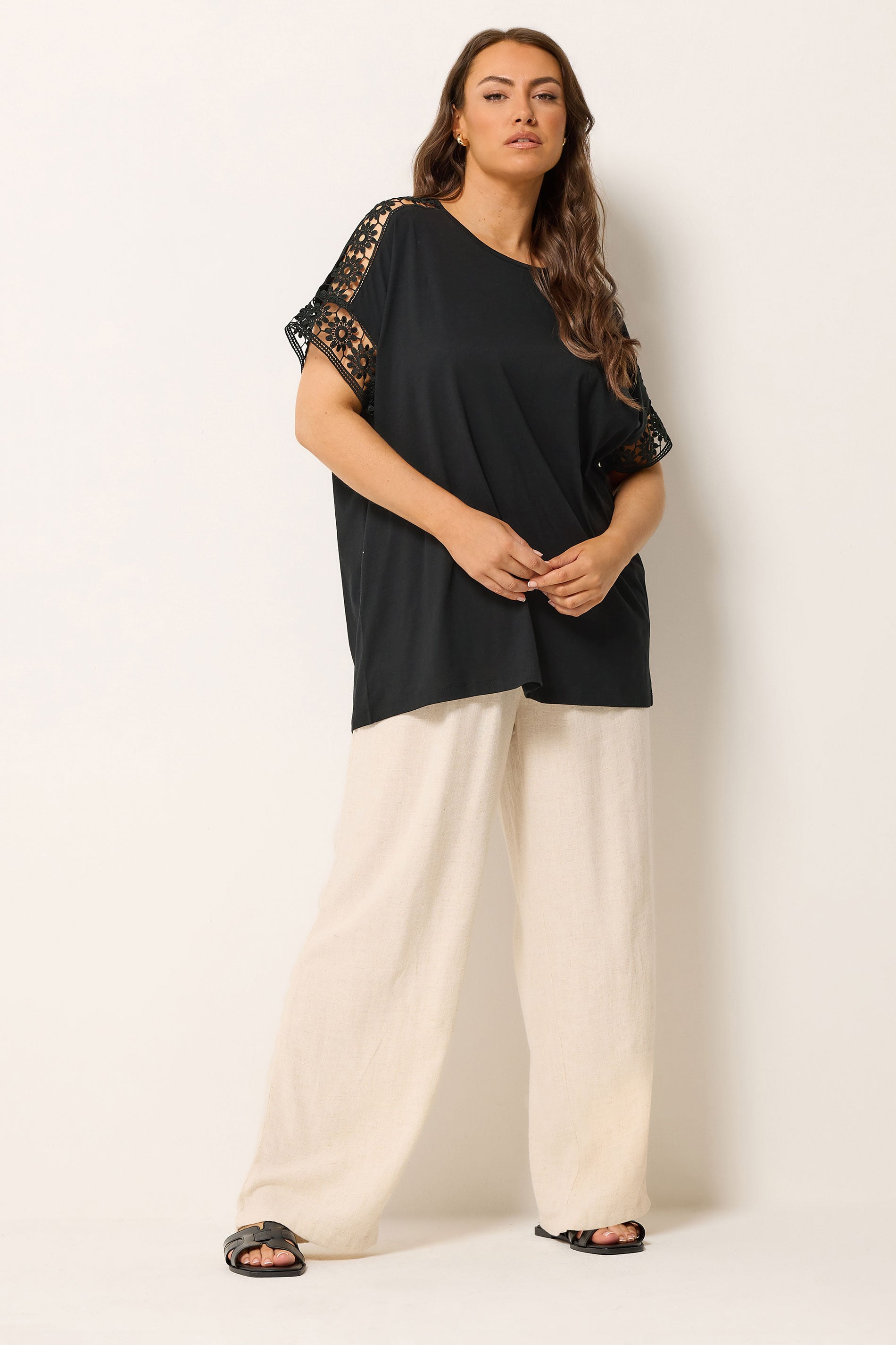 YOURS Curve Black Crochet Sleeve Boxy T-Shirt | Yours Clothing 1