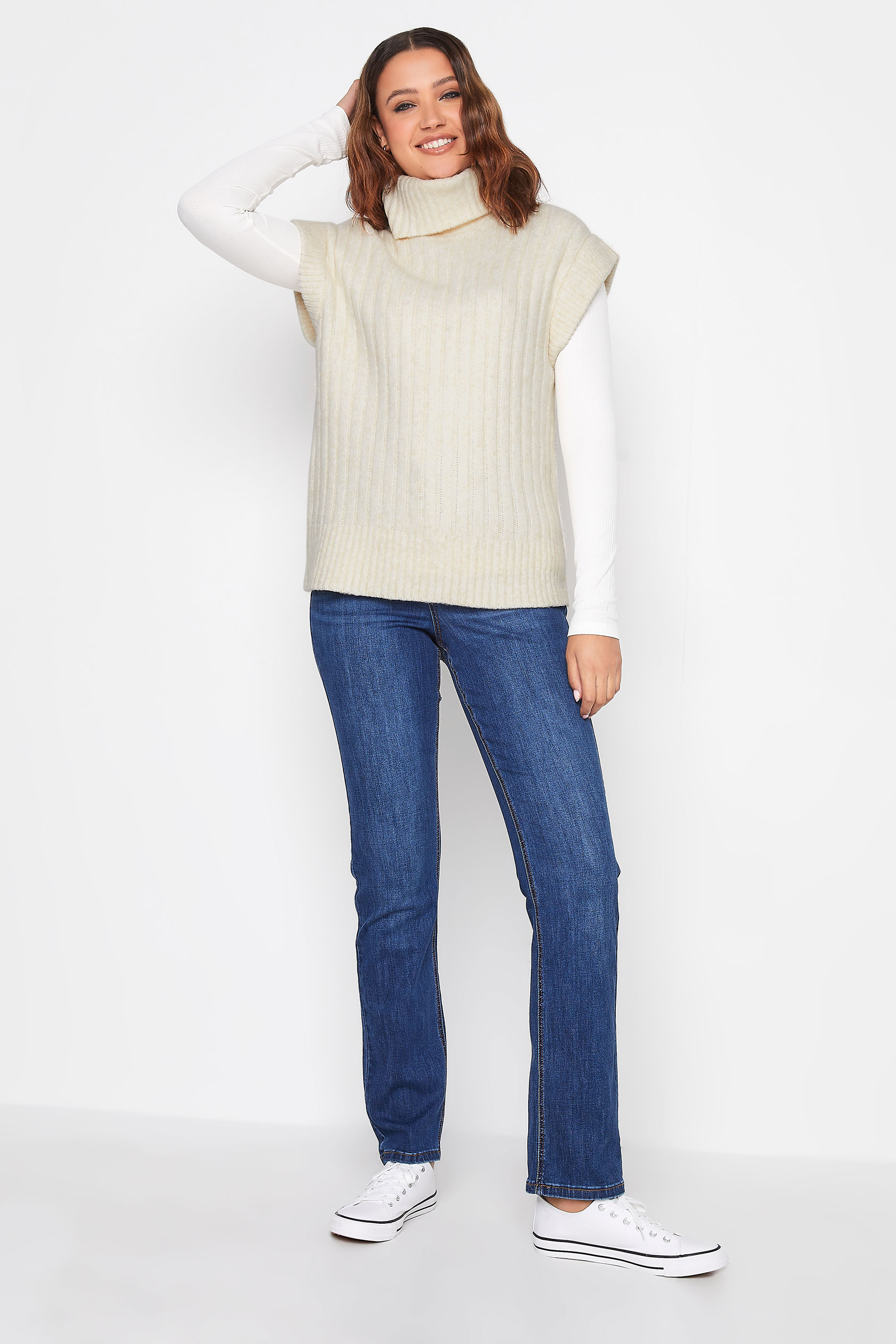 LTS Tall Ivory White Ribbed Roll Neck Knitted Sweater Vest | Long Tall Sally  2