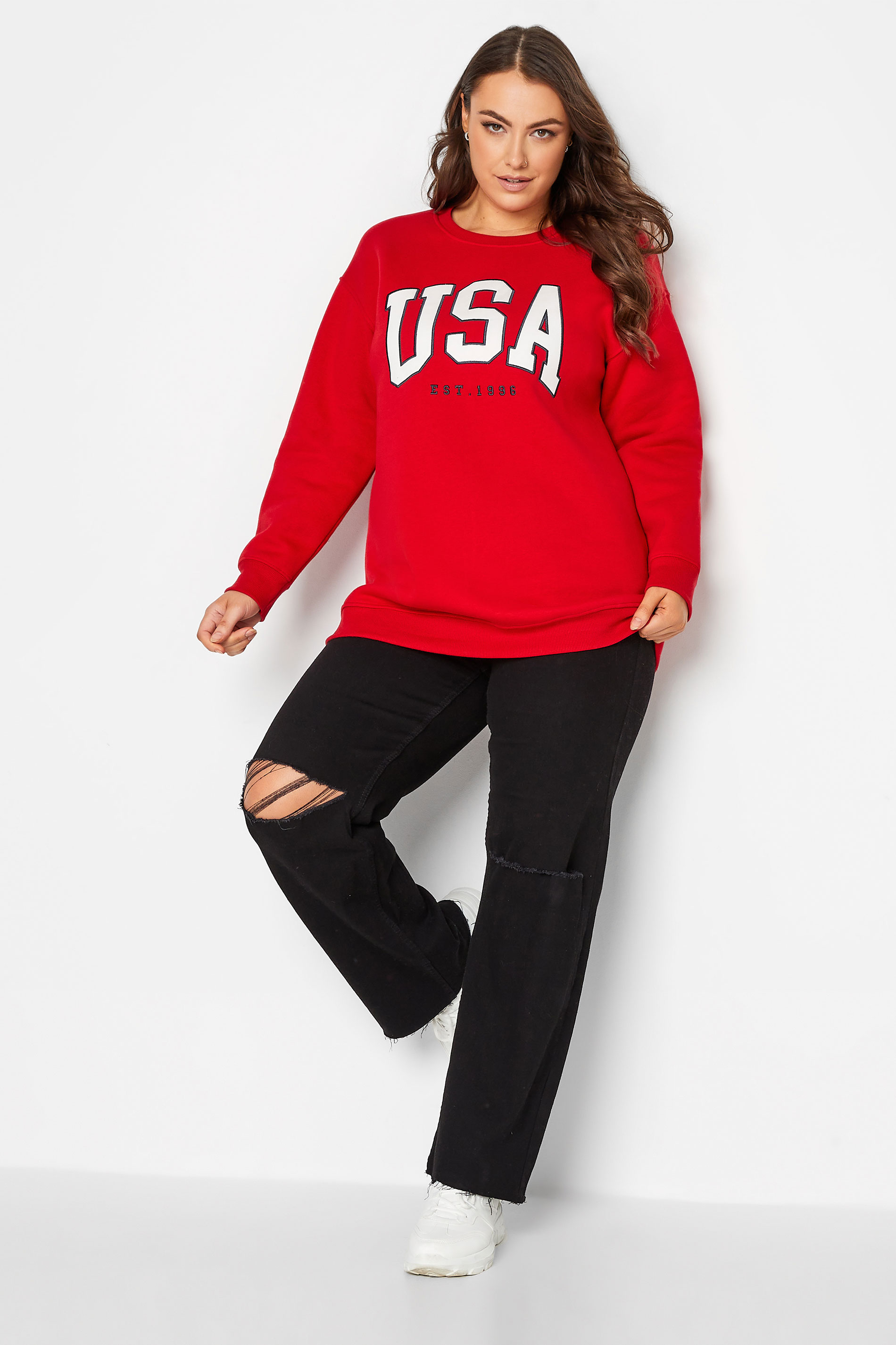 Plus Size Red 'USA' Embroidered Slogan Sweatshirt | Yours Clothing 2