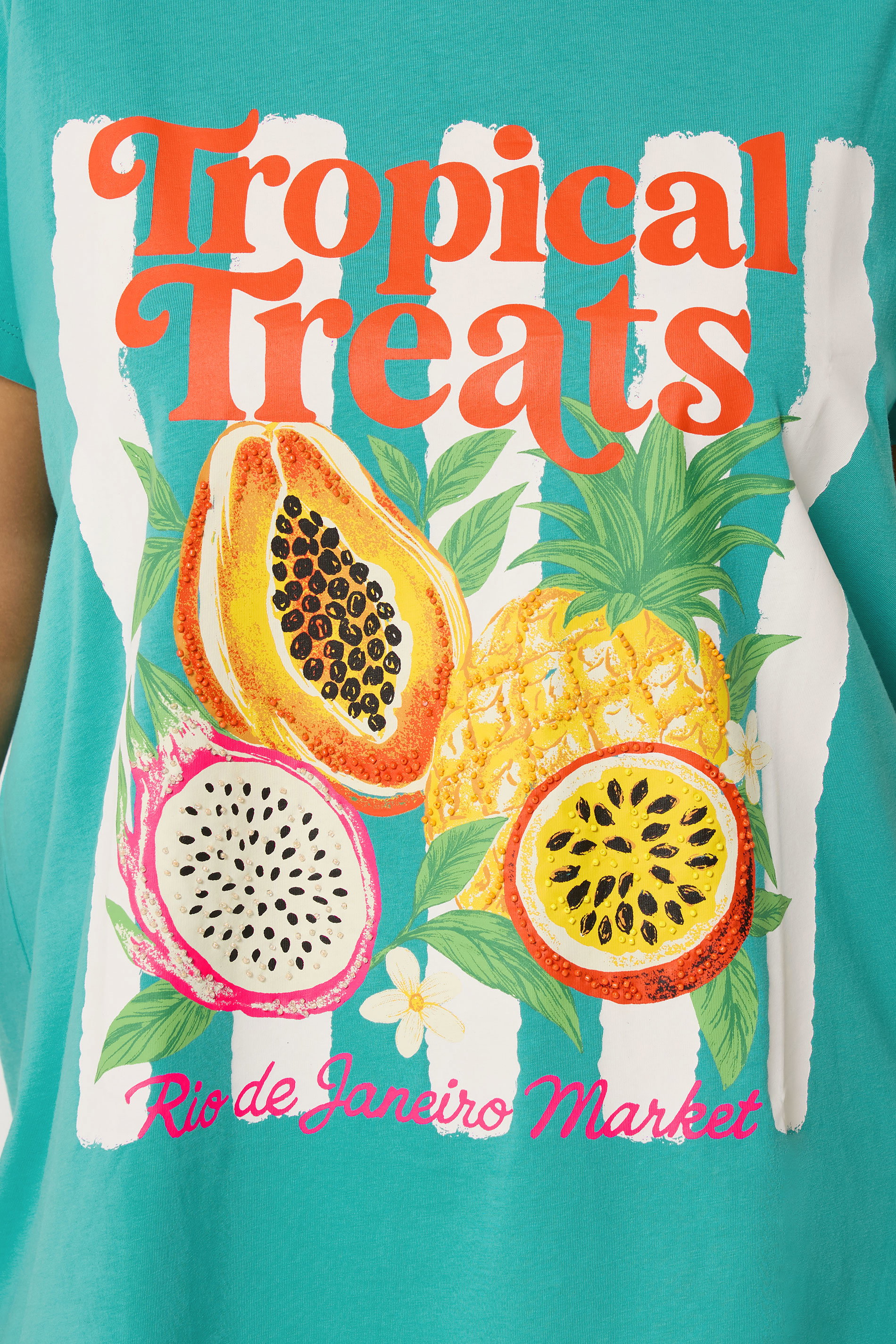 YOURS Plus Size Teal Blue 'Tropical Treats' Beaded T-Shirt | Yours Clothing 4