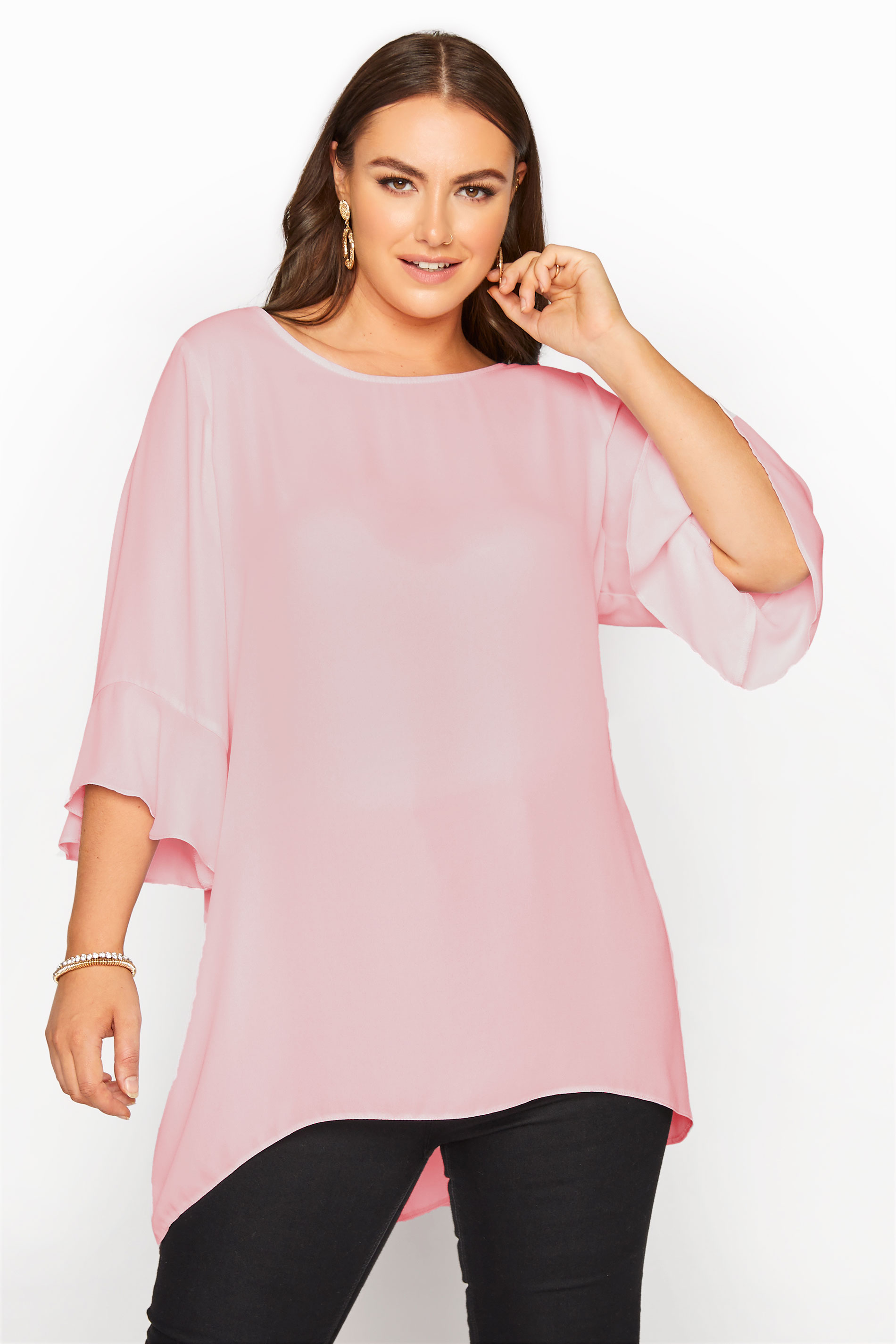 Plus Size Blossom Pink Flute Sleeve Tunic | Yours London | Yours Clothing