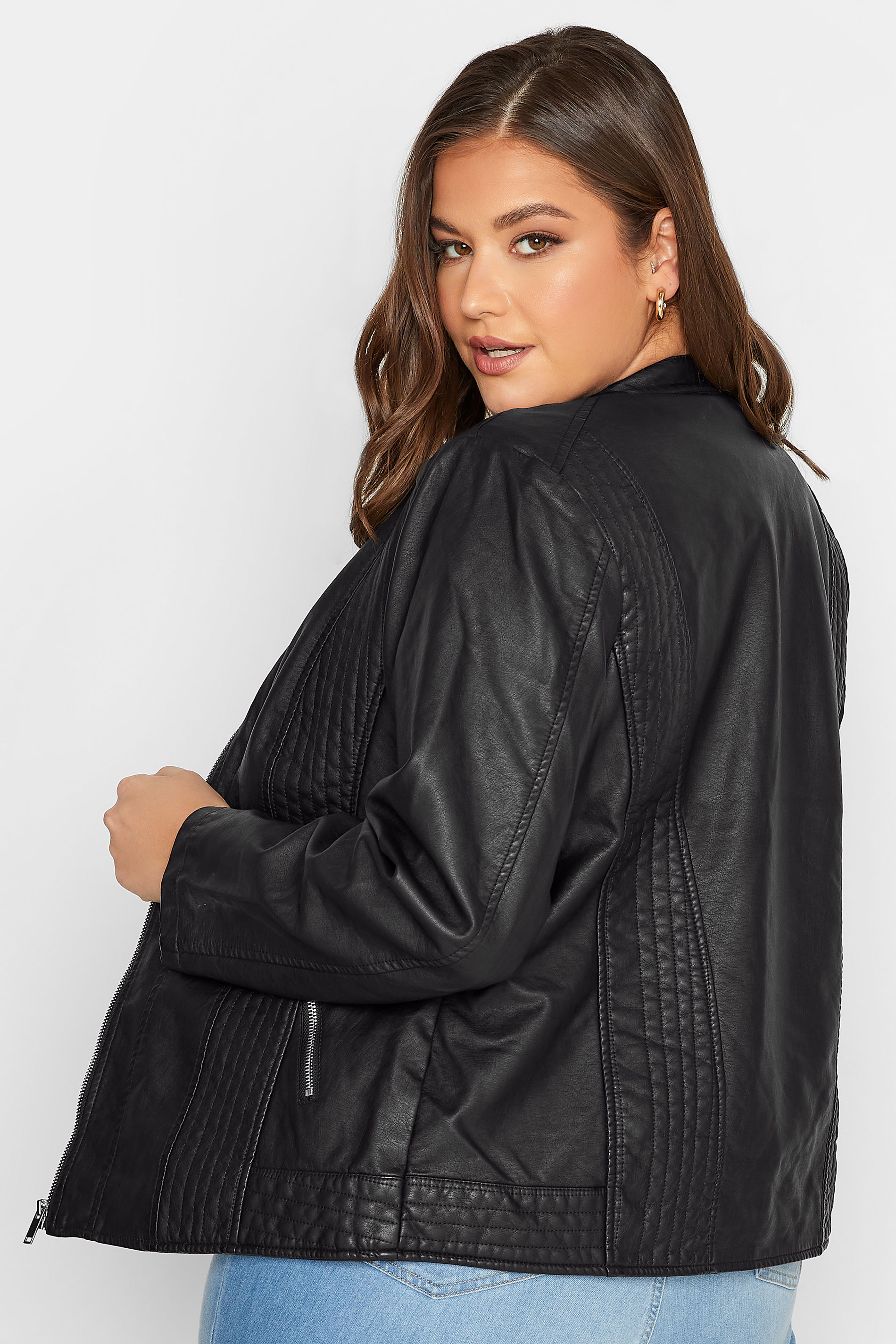 YOURS Plus Size Curve Black Faux Leather Zip Jacket | Yours Clothing  3