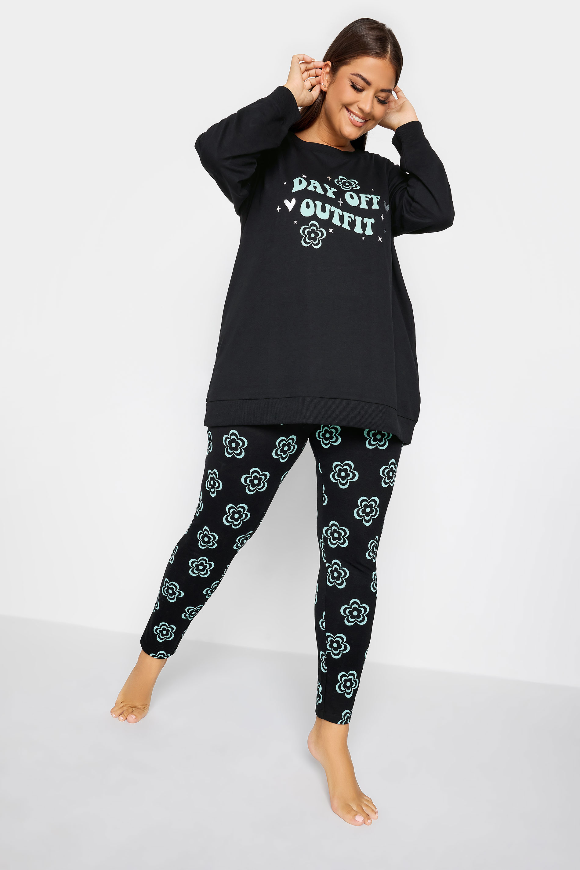 YOURS Curve Black 'Day Off' Flower Print Lounge Set | Yours Clothing 1