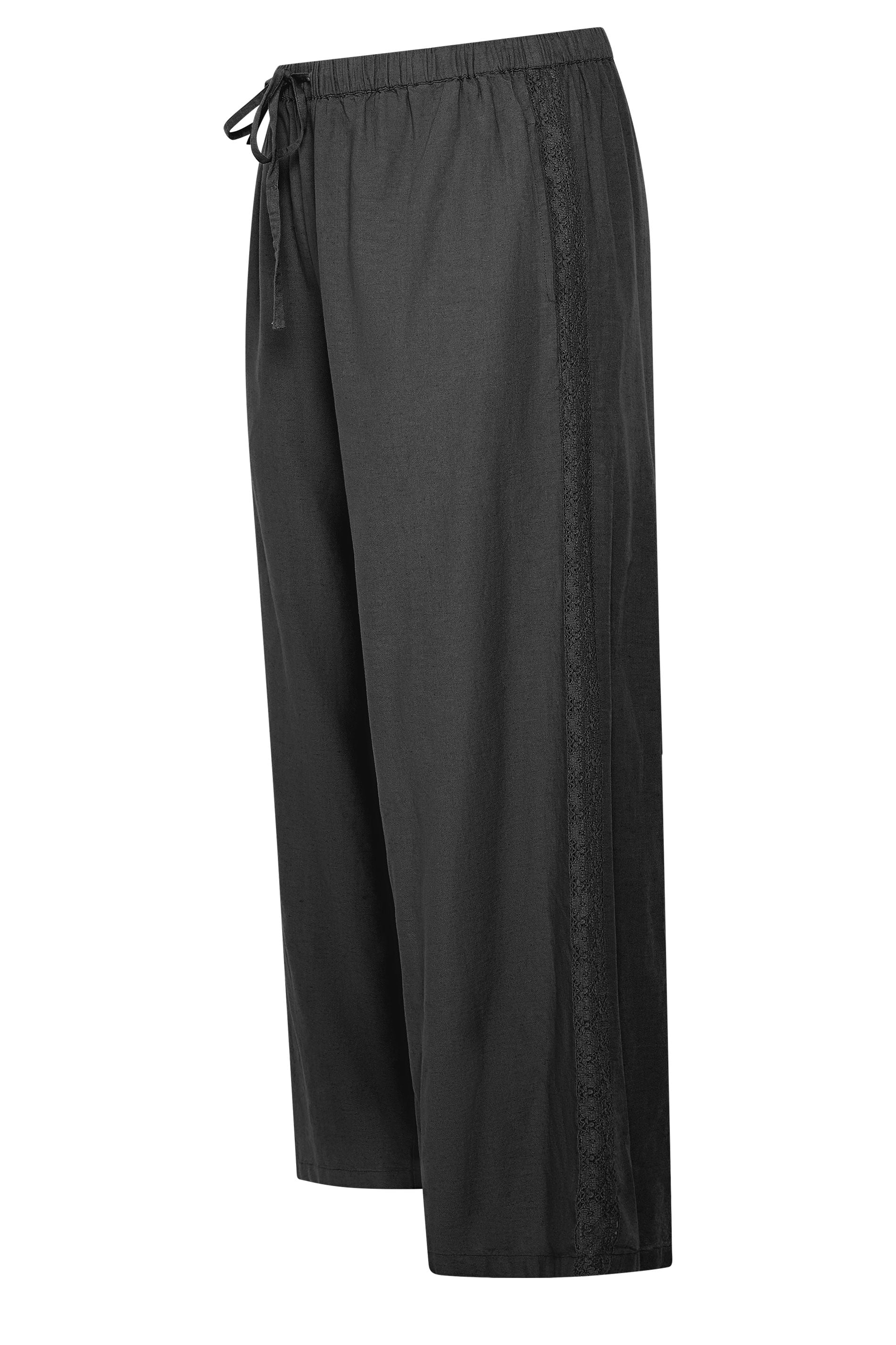 YOURS Plus Size Black Crochet Detail Linen Trousers | Yours Clothing 6
