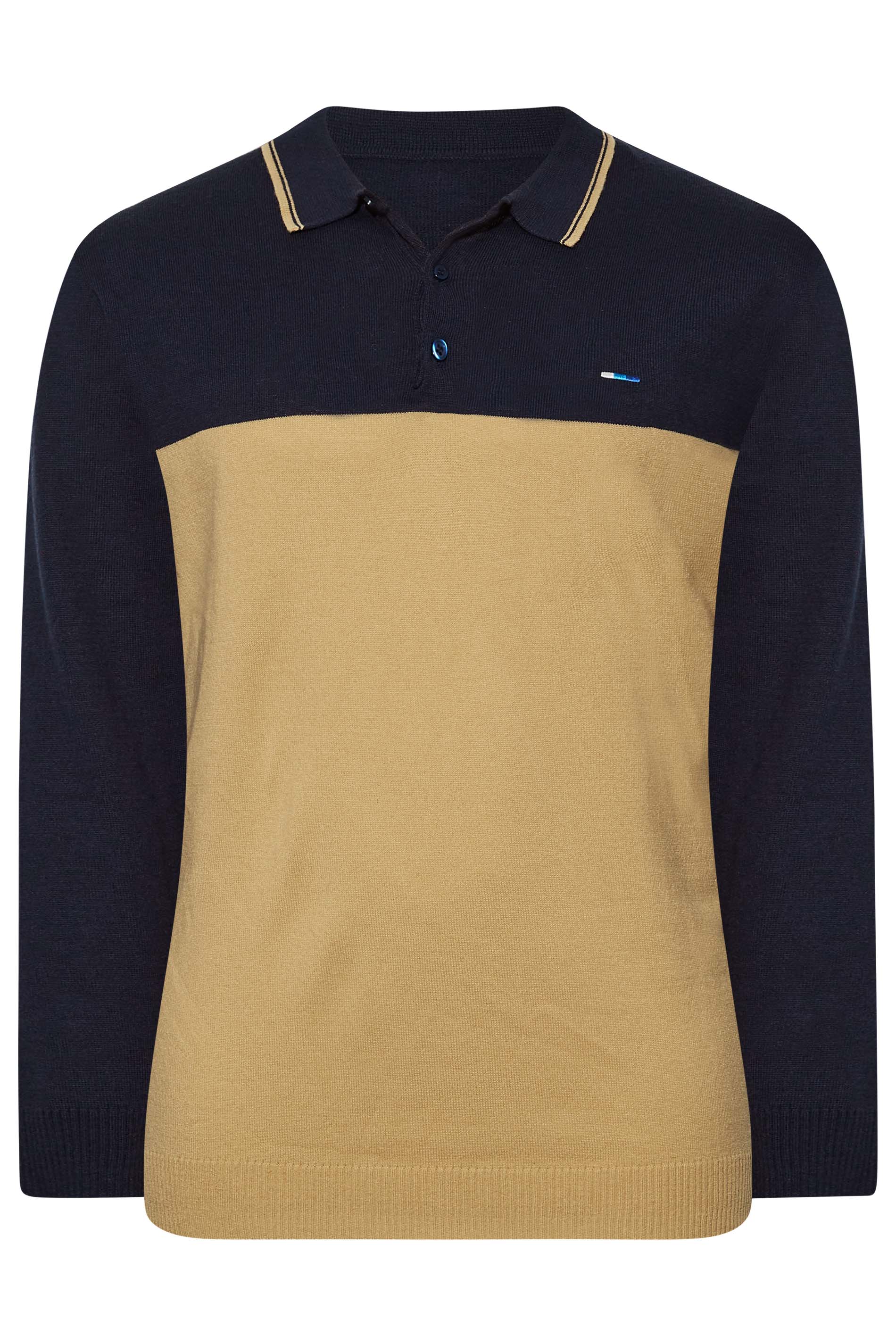 BadRhino Big & Tall Navy Blue Colour Block Long Sleeve Knitted Polo Shirt 1