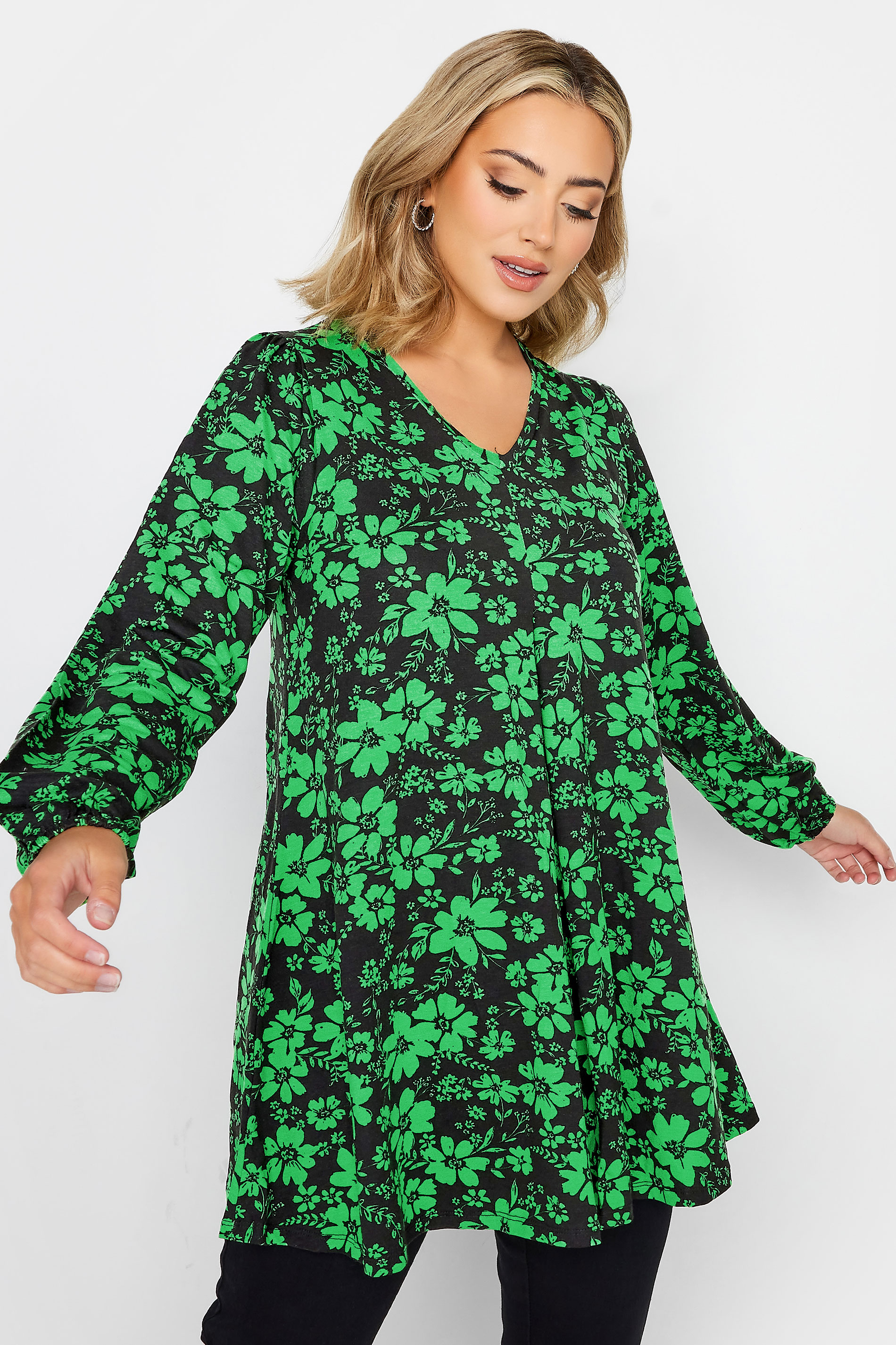Plus Size Green Long Sleeve Floral Print Swing Top | Yours Clothing 1