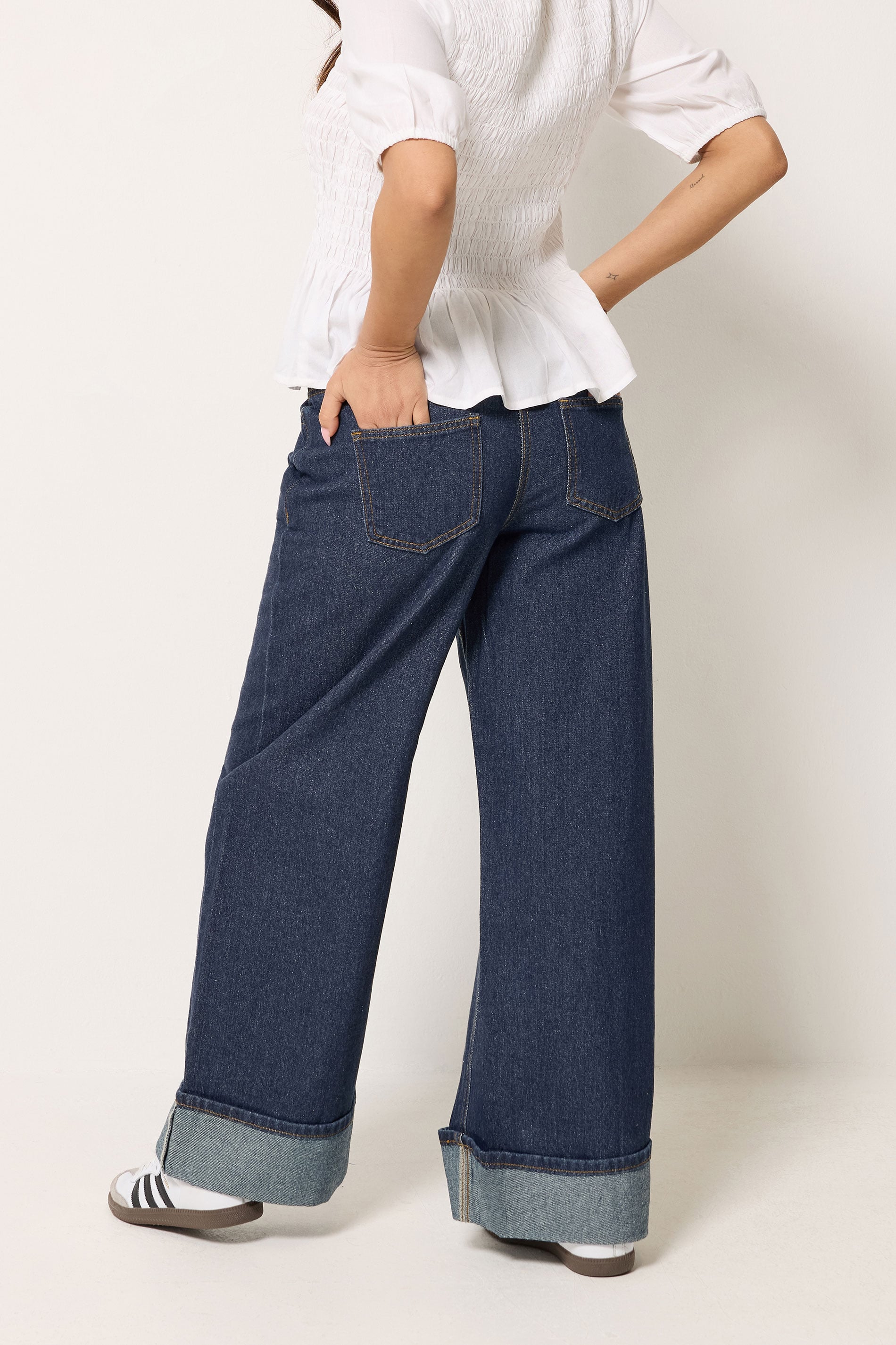 PixieGirl Petite Women's Dark Blue Seam Front Turn Up Denim Jeans | PixieGirl 2