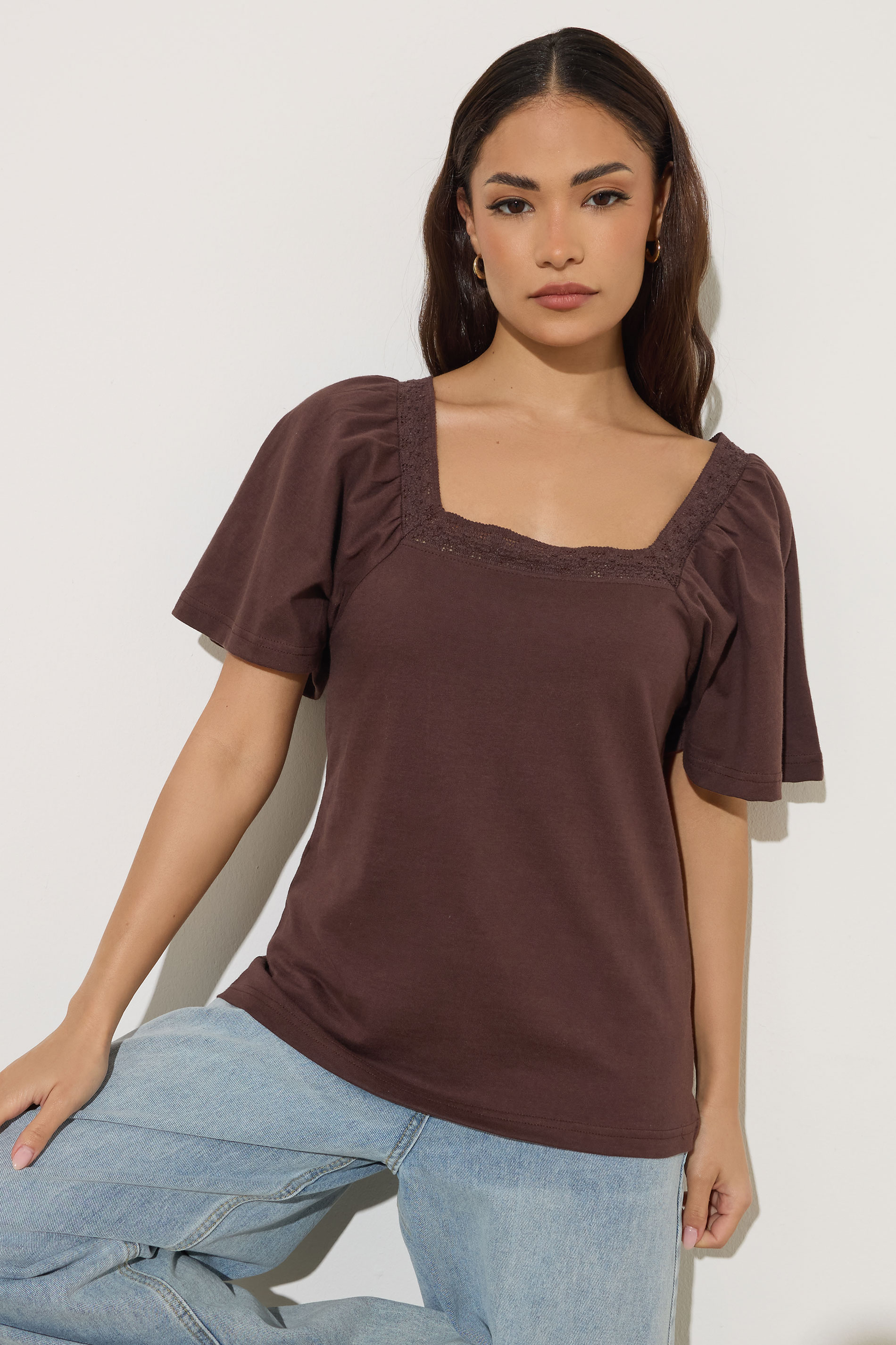PixieGirl Petite Women's Chocolate Brown Crochet Trim Flutter Sleeve Cotton T-Shirt | PixieGirl 3