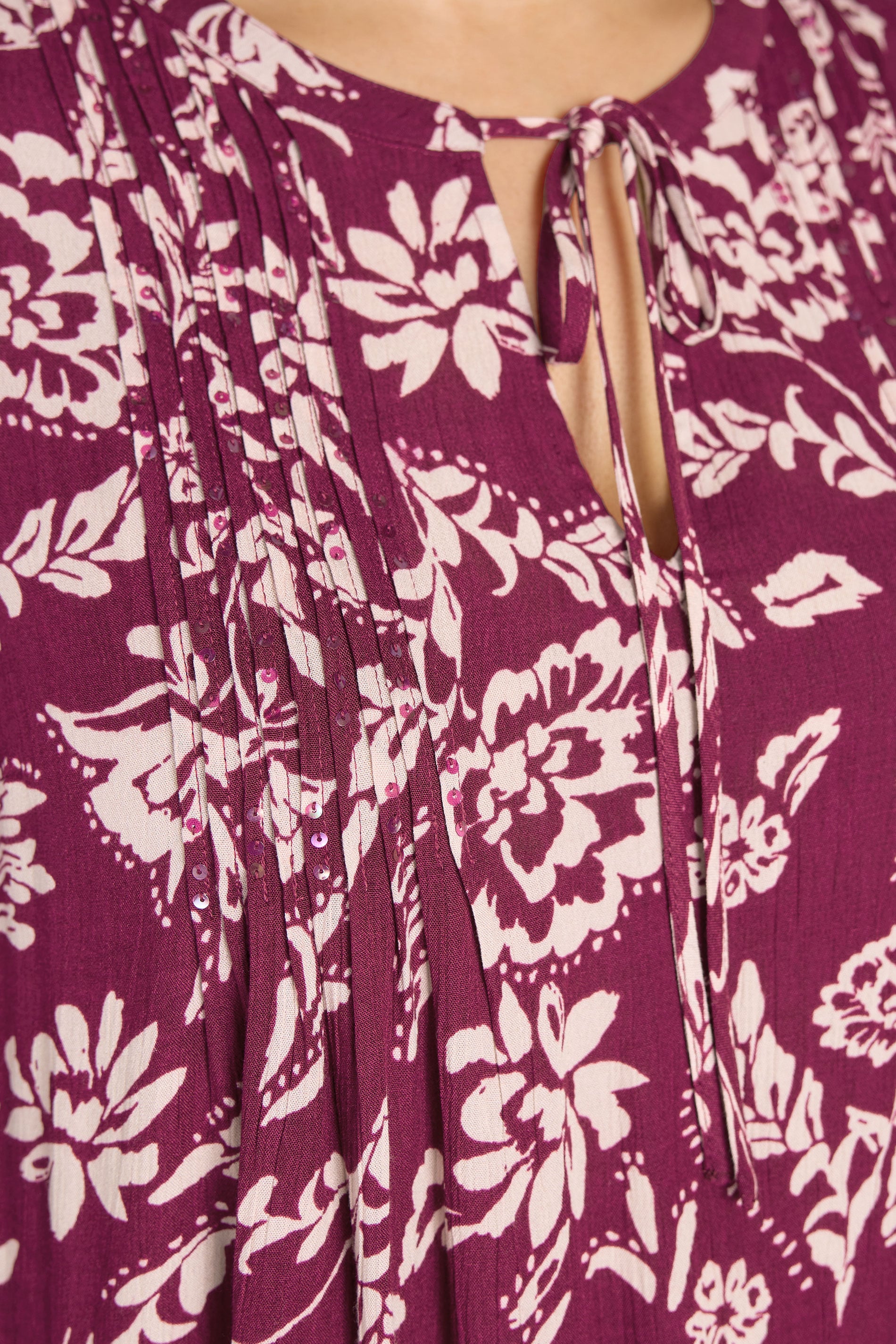 EVANS Plus Size Berry Red Floral Pintuck Tie Neck Blouse | Evans 5