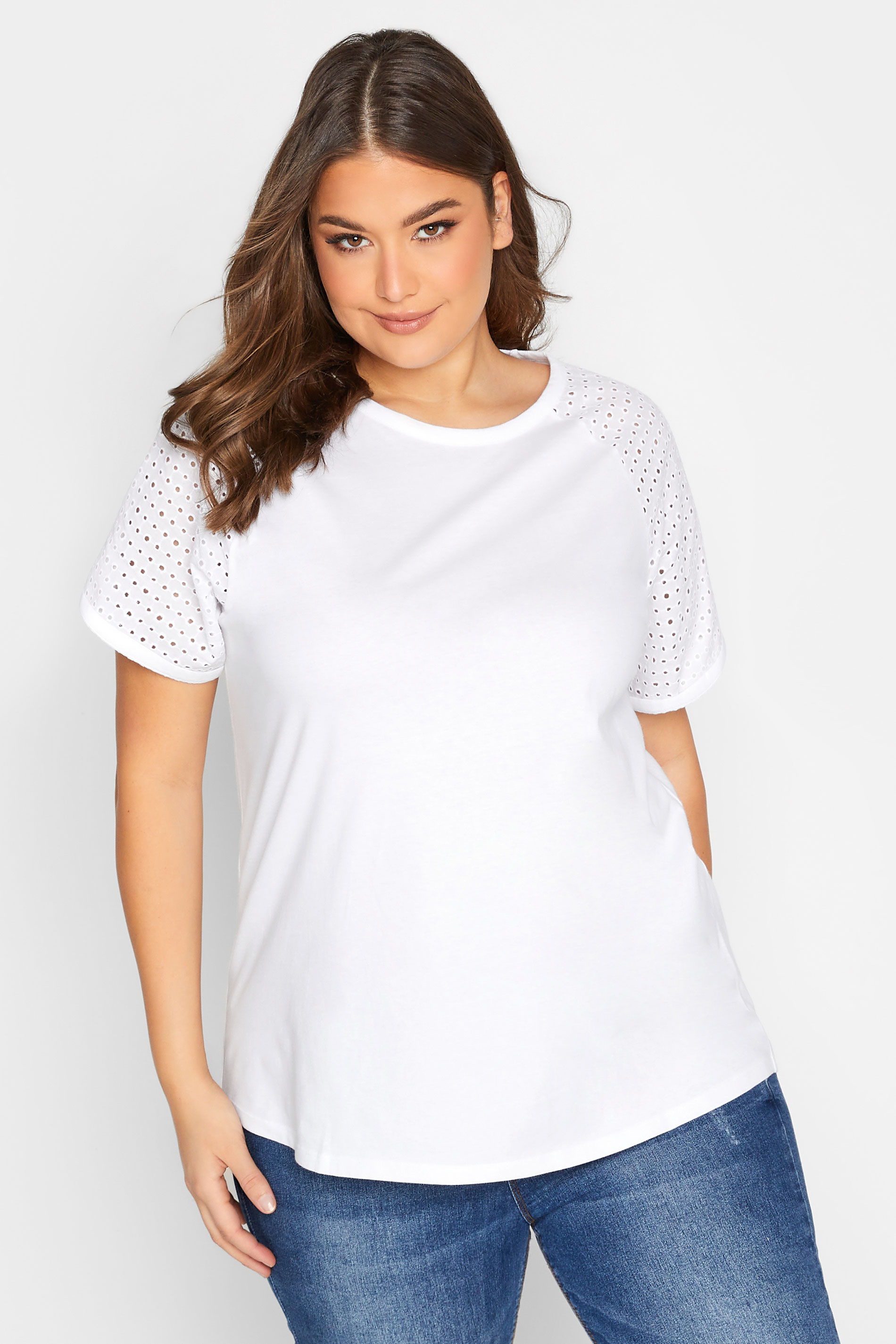 YOURS Plus Size White Broderie Anglaise Raglan T-Shirt | Yours Clothing 1