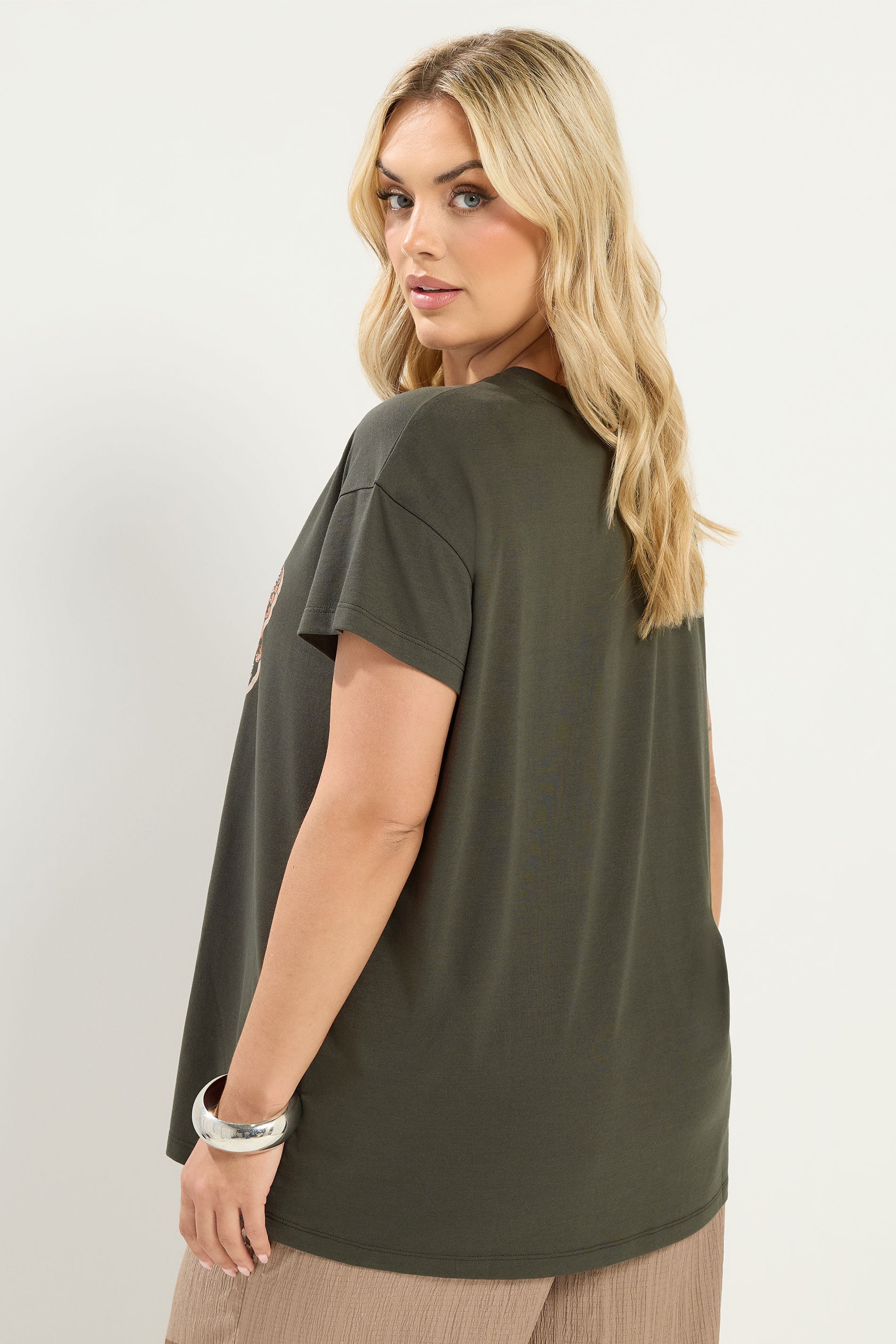 YOURS Plus Size Khaki Green 'Free Spirit' Butterfly Embellished T-Shirt | Yours Clothing 2