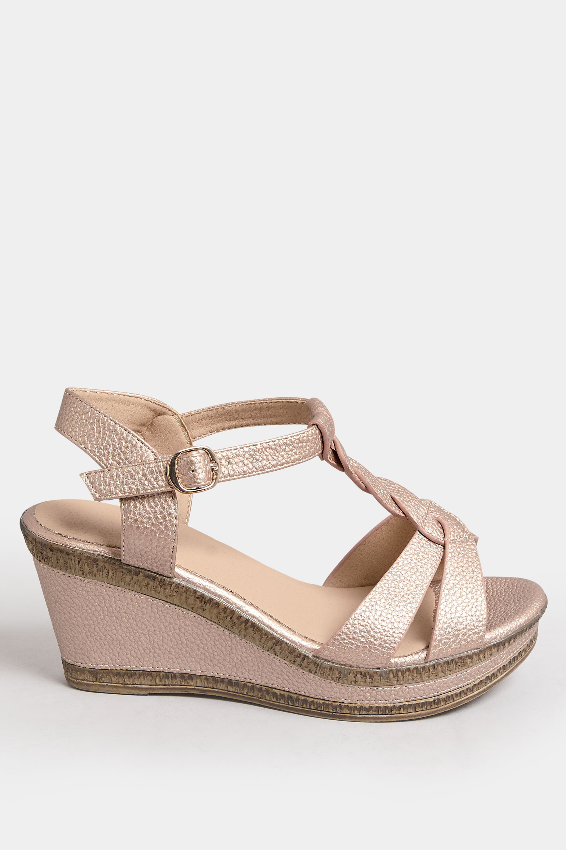 Rose Gold Cross Strap Wedge Heels In Extra Wide EEE Fit | Yours Clothing  3