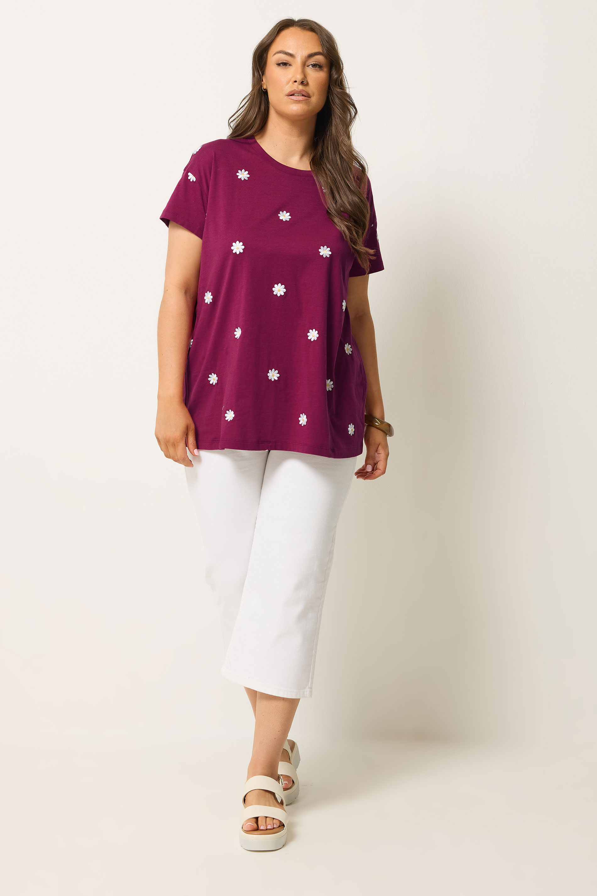 YOURS Plus Size Pink Embroidered Daisy T-Shirt | Yours Clothing 1