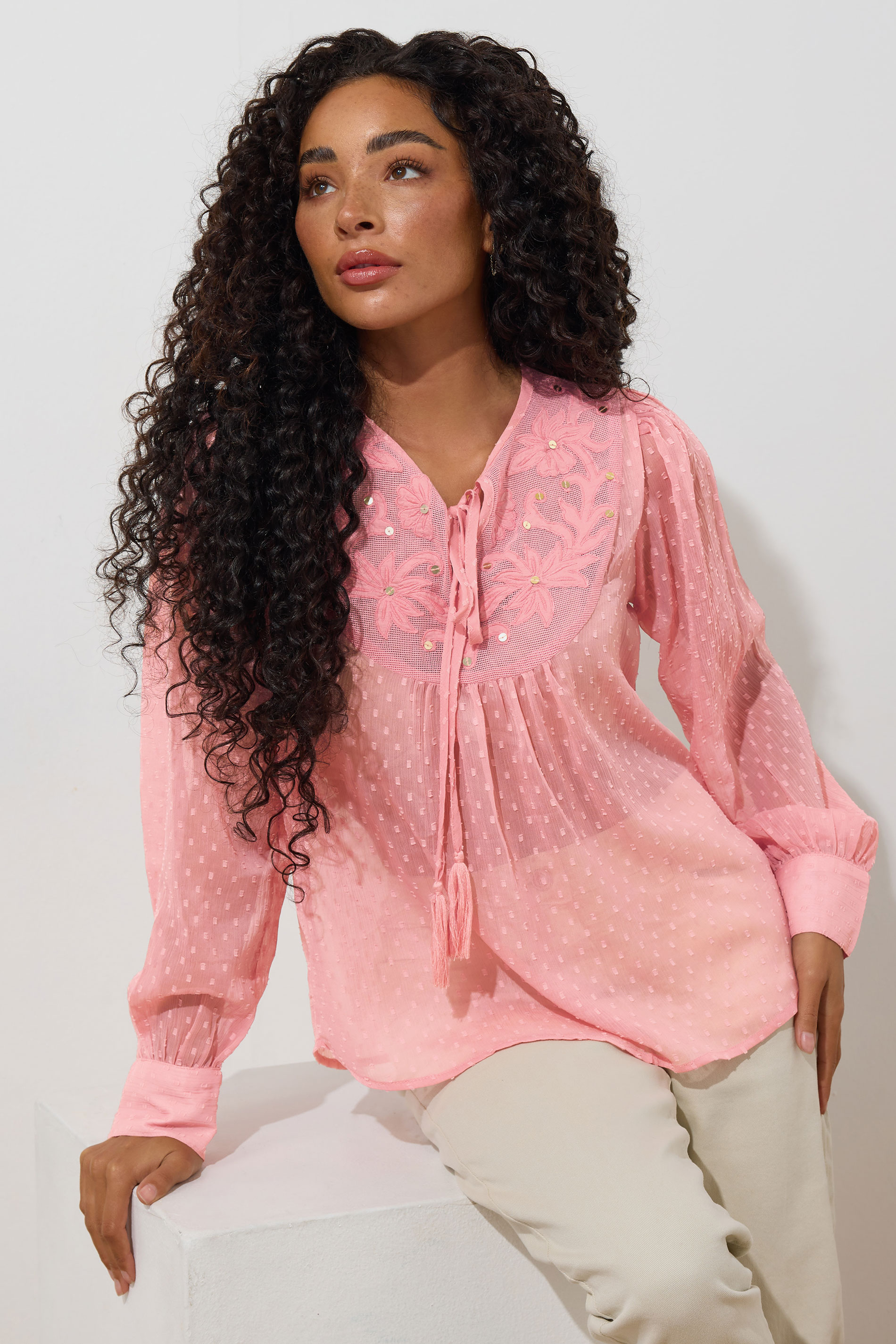 M&Co Petite Blush Pink Floral Embroidered Tie Neck Blouse | M&Co 3