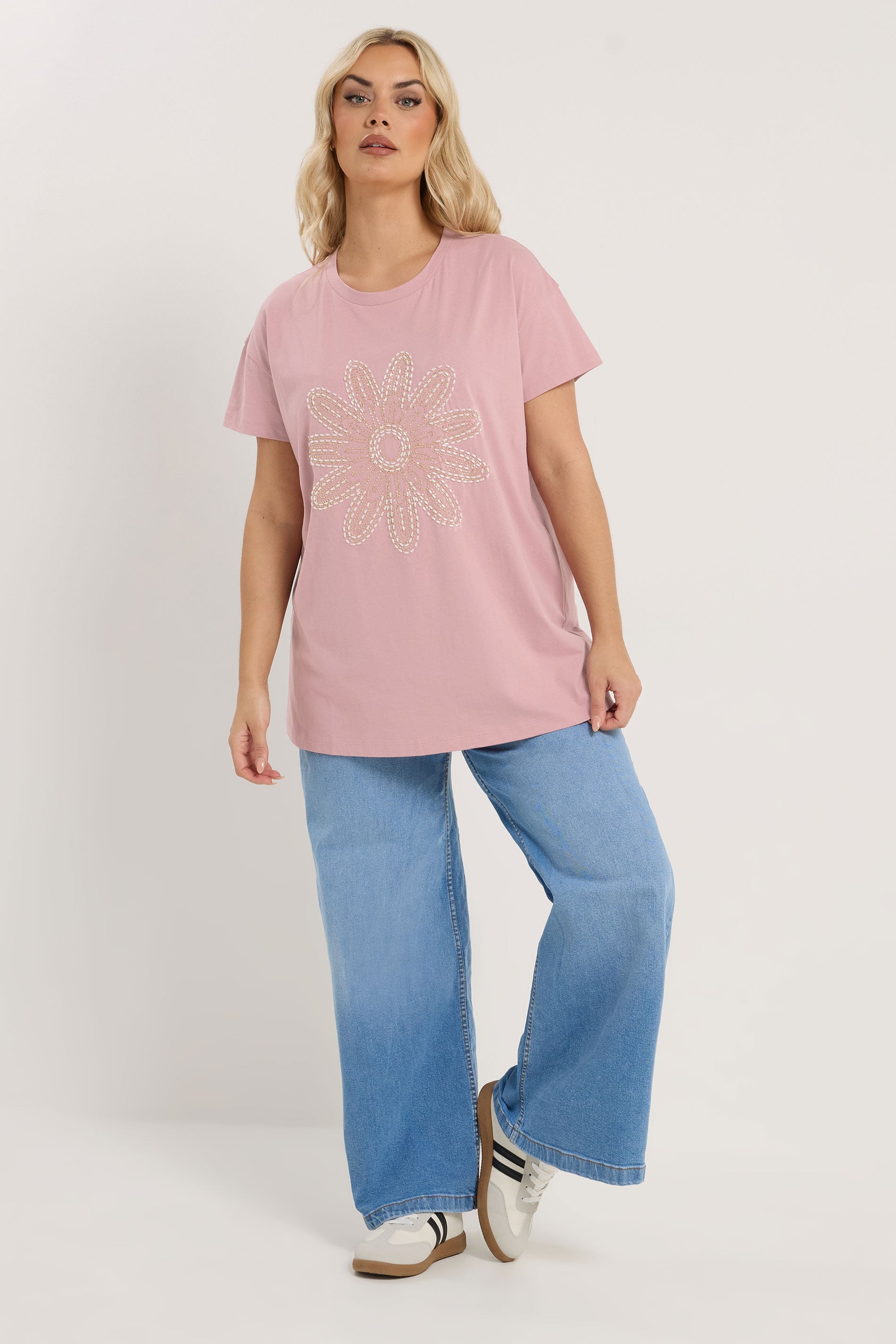 YOURS Plus Size Pink Beaded Daisy T-Shirt | Yours Clothing 1