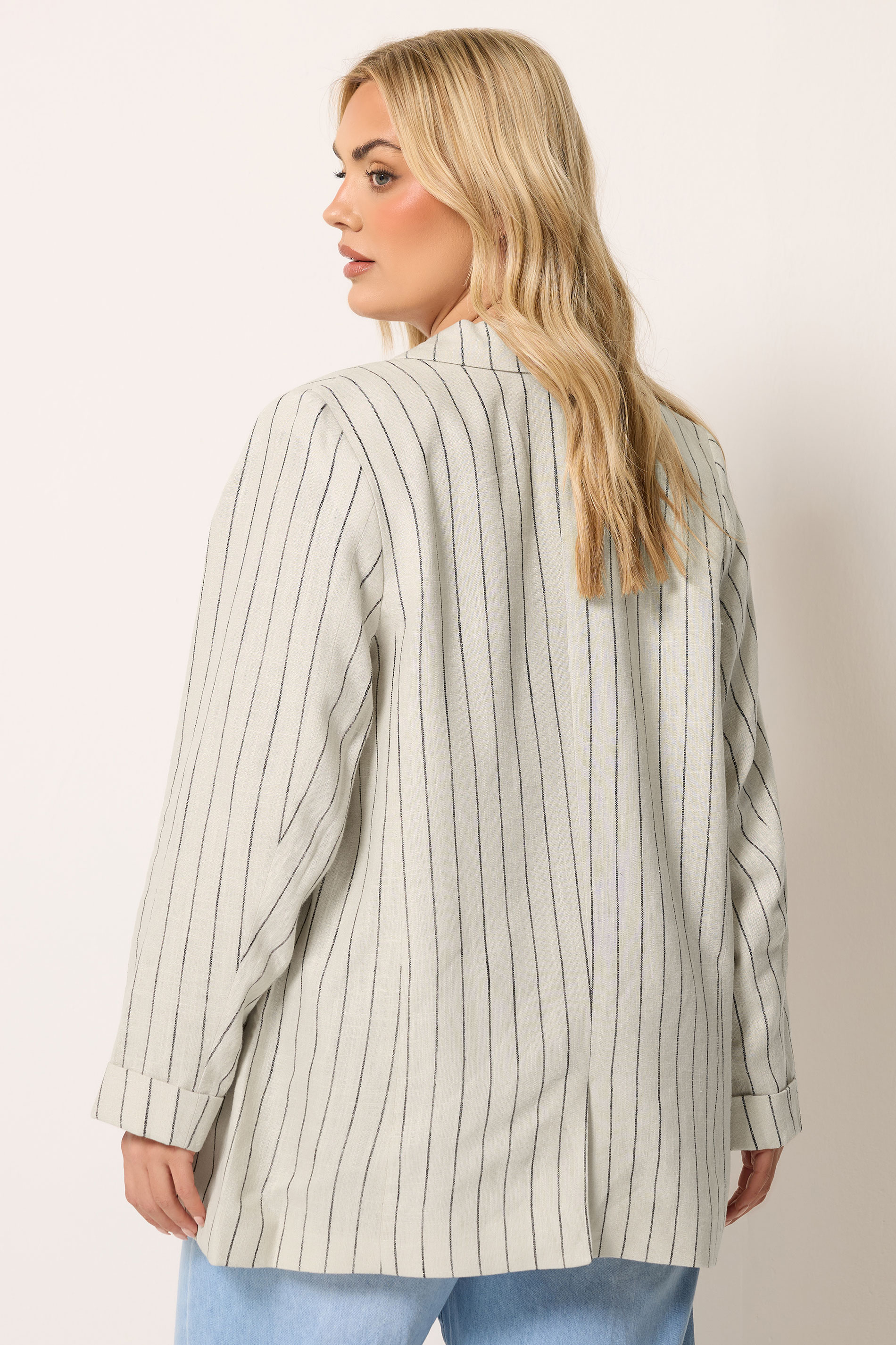 YOURS Plus Size Beige Brown Stripe Tailored Linen Blazer | Yours Clothing 2