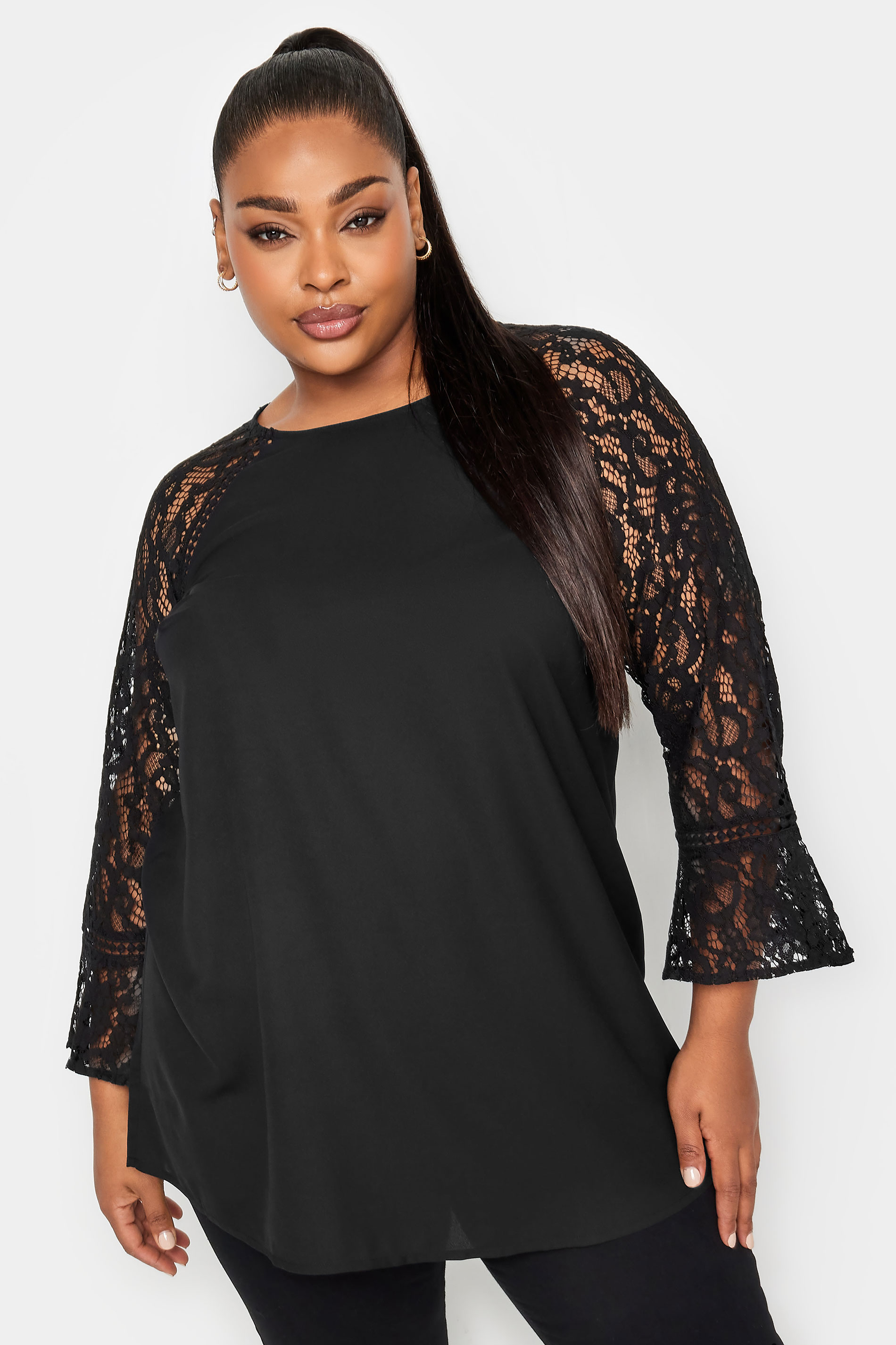 YOURS LONDON Curve Black Lace Flute Sleeve Top | Yours Clothing 1