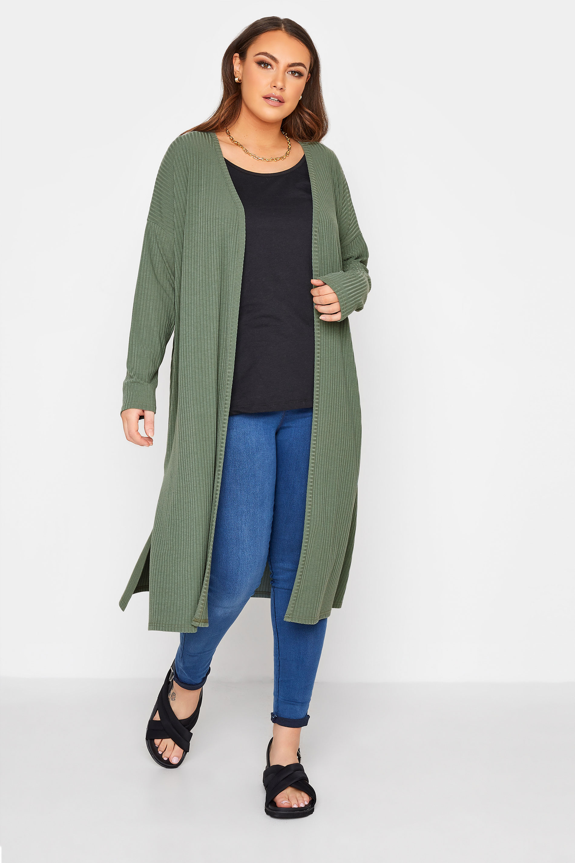 LIMITED COLLECTION Plus Size Green Ribbed Side Split Cardigan | Yours Clothing 1