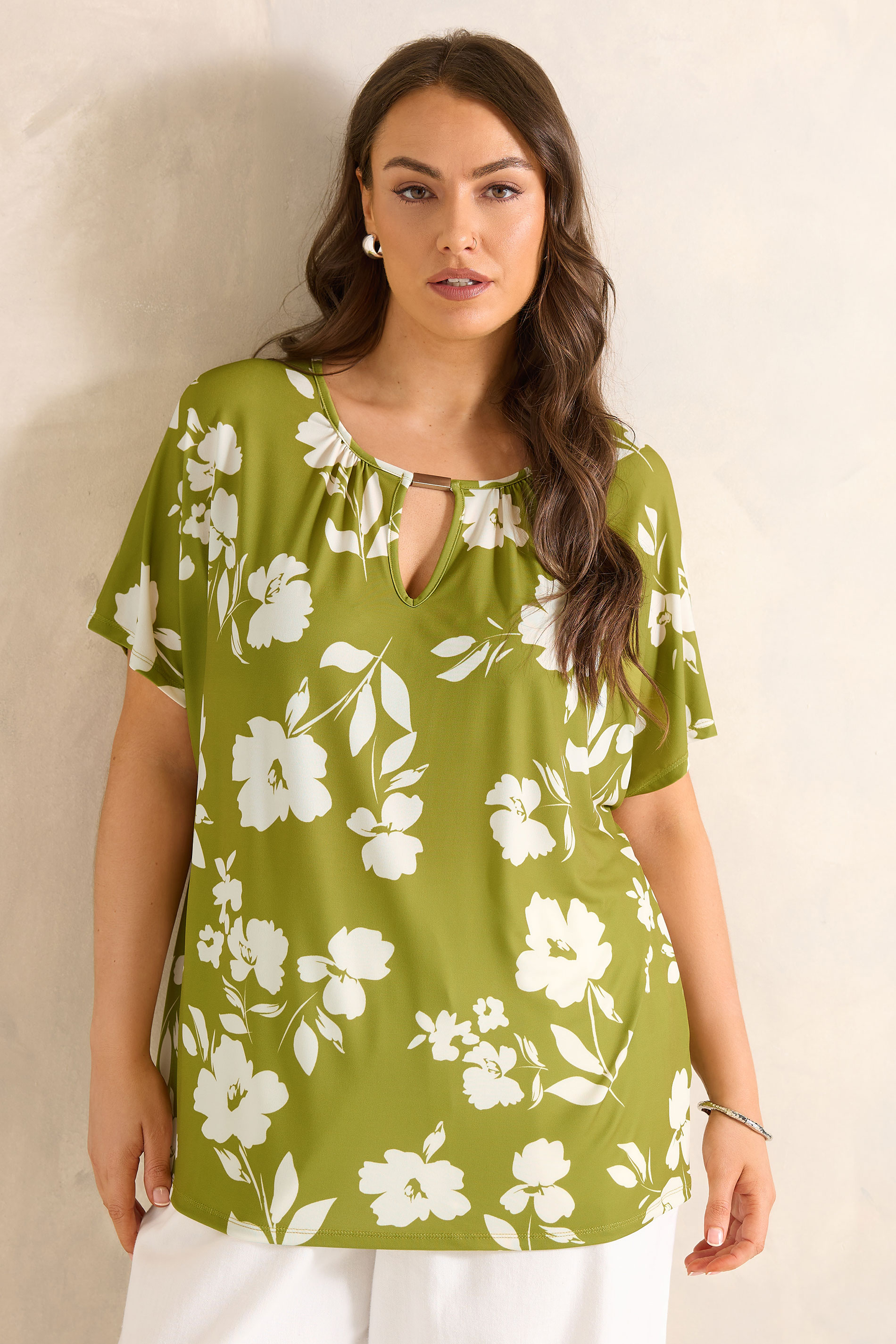 EVANS Plus Size Chartreuse Floral Print Bar Detail Top | Evans 1