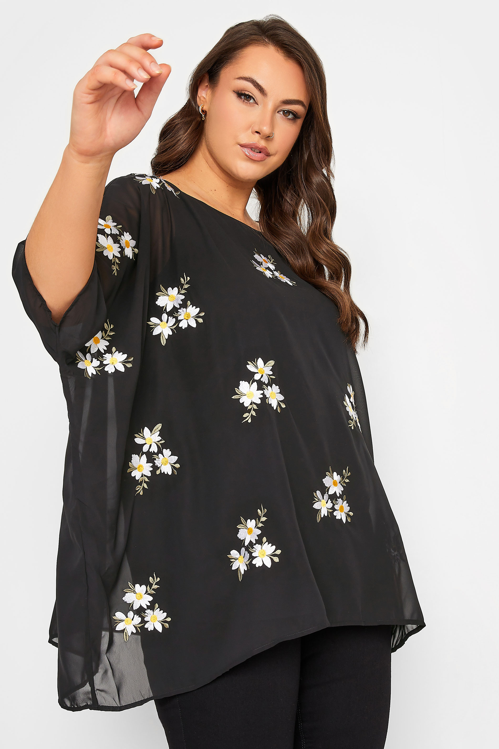 YOURS LONDON Plus Size Black Daisy Embroidered Cape Top | Yours Clothing 1