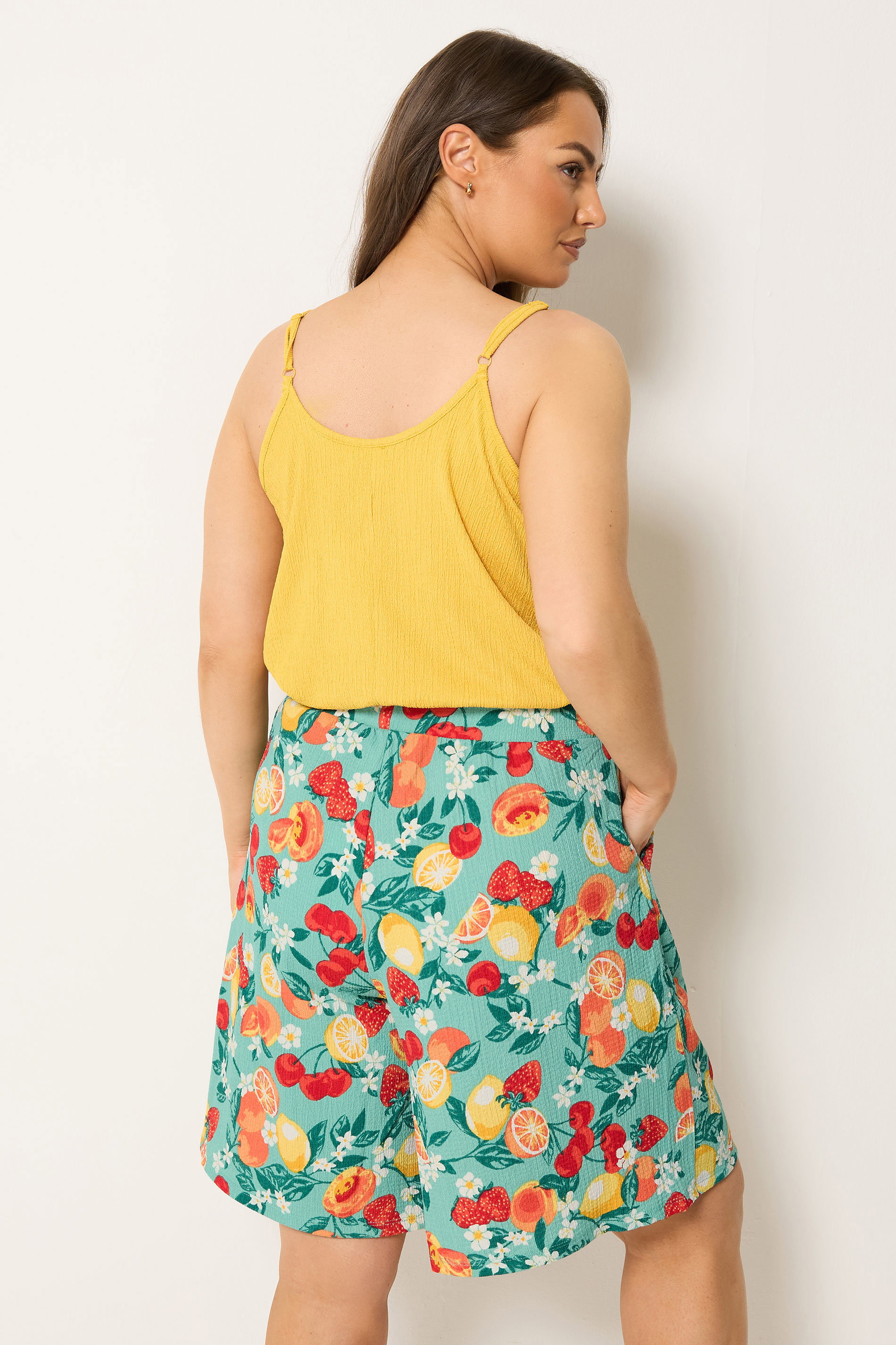 YOURS Plus Size Green Mixed Fruit Textured Shorts | Yours Clothing 2