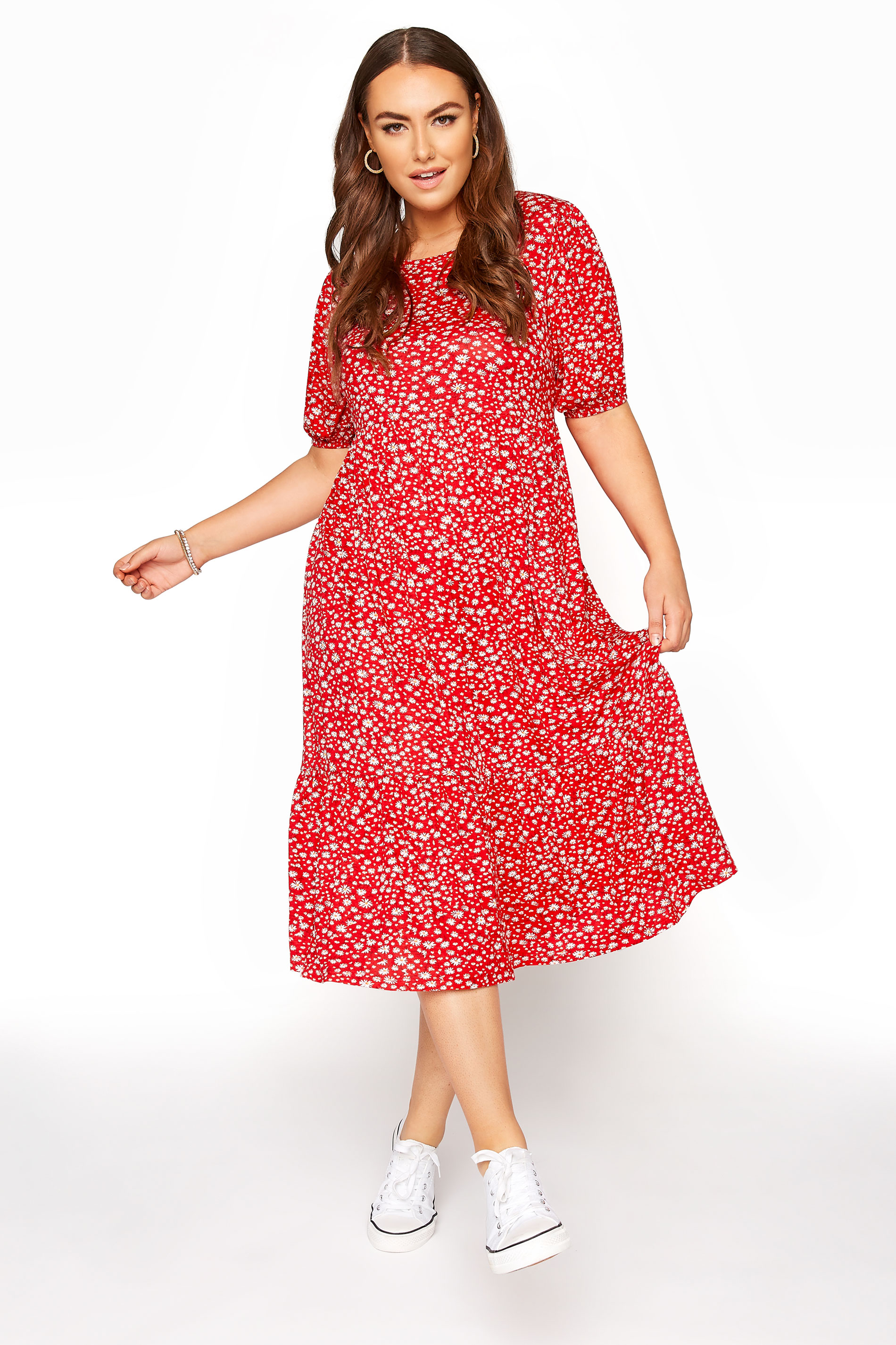 Red Ditsy Puff Sleeve Midaxi Dress