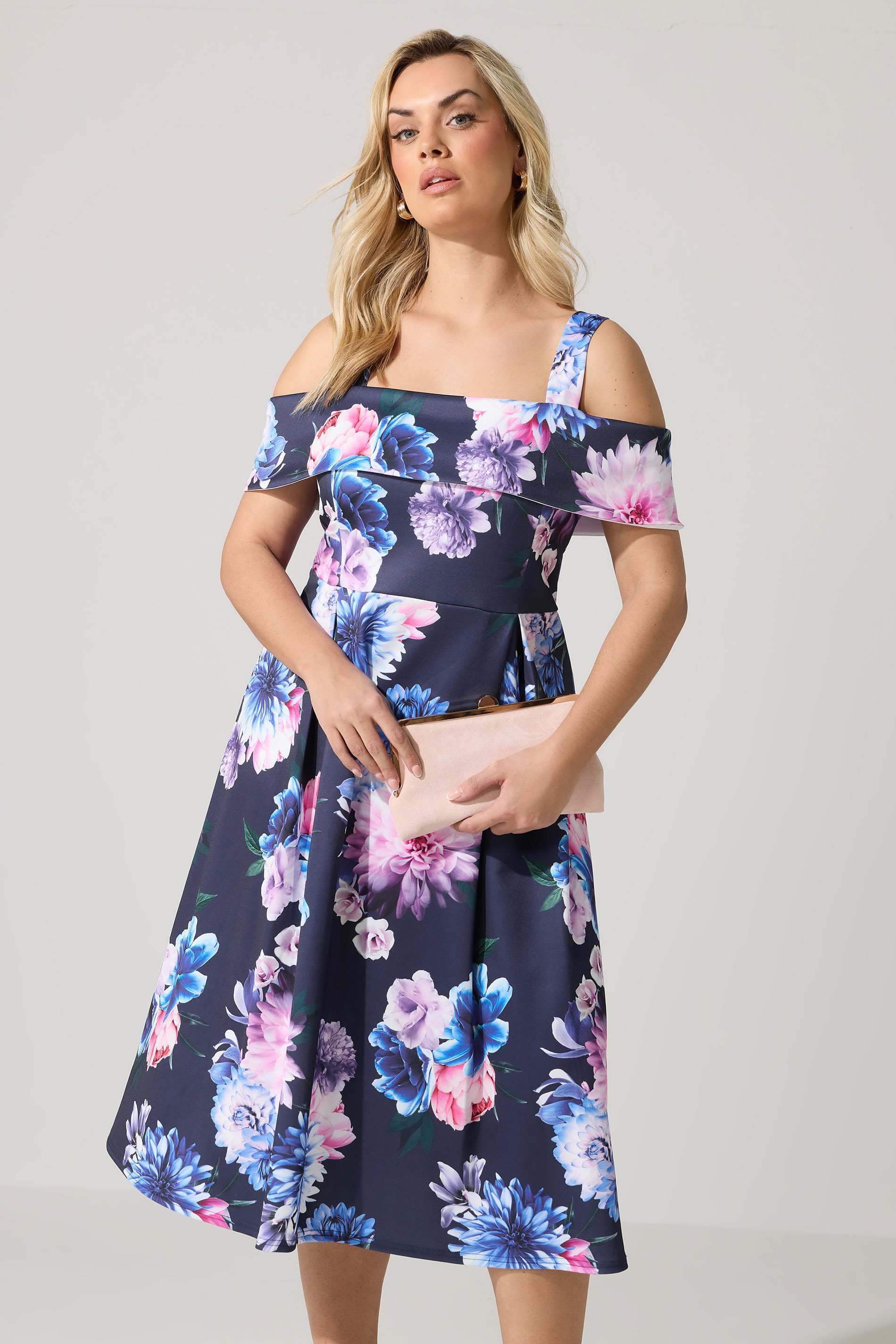 YOURS LONDON Plus Size Navy Blue Cold Shoulder Floral Skater Dress | Yours Clothing 1