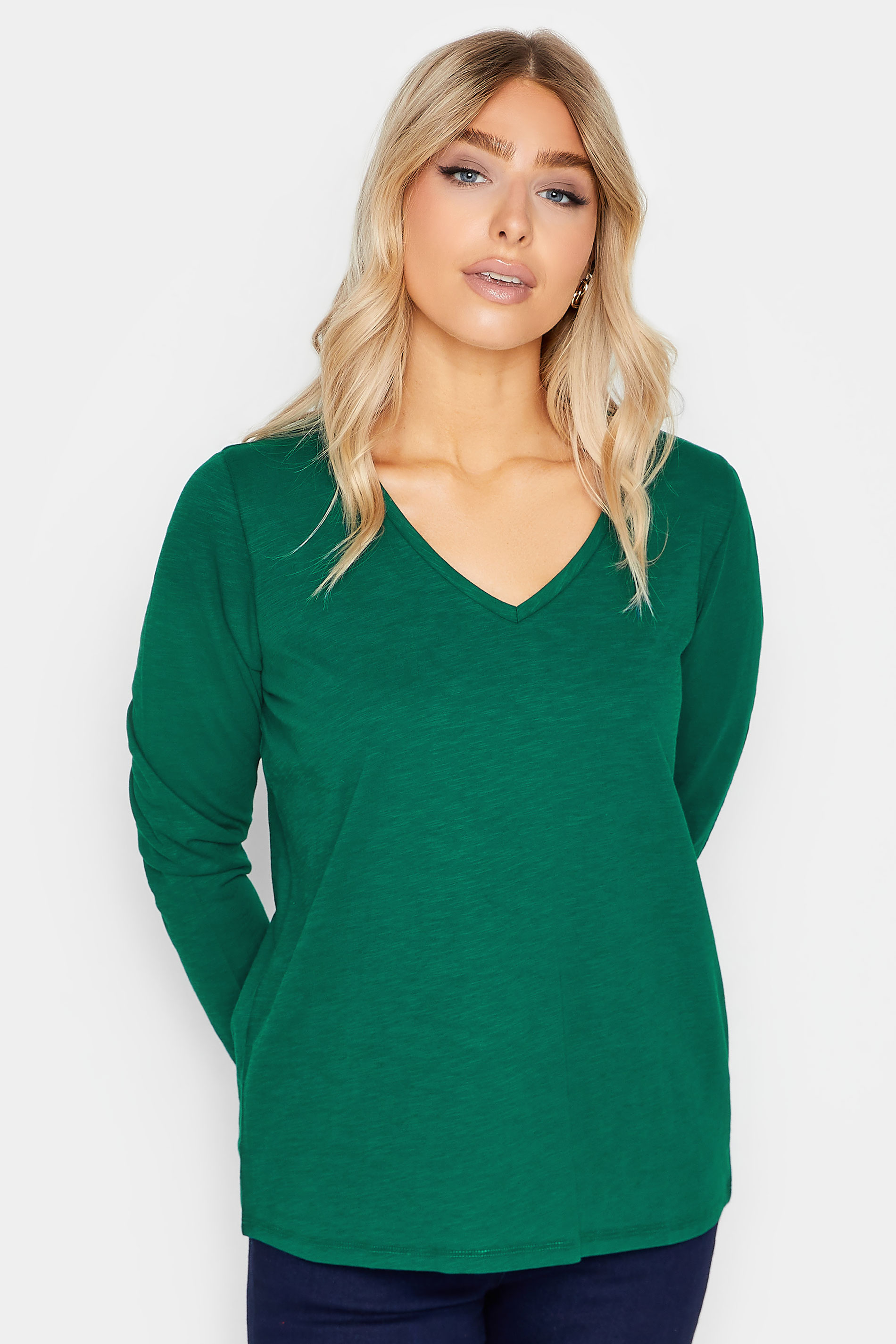 M&Co Dark Green V-Neck Long Sleeve Cotton Blend T-Shirt | M&Co 1