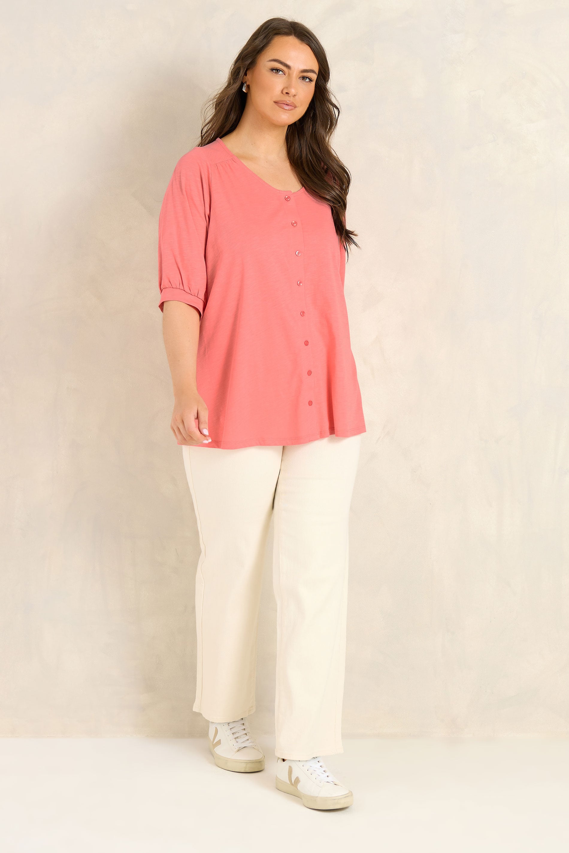 EVANS Plus Size Coral Pink Short Sleeve Cotton Top | Evans 1