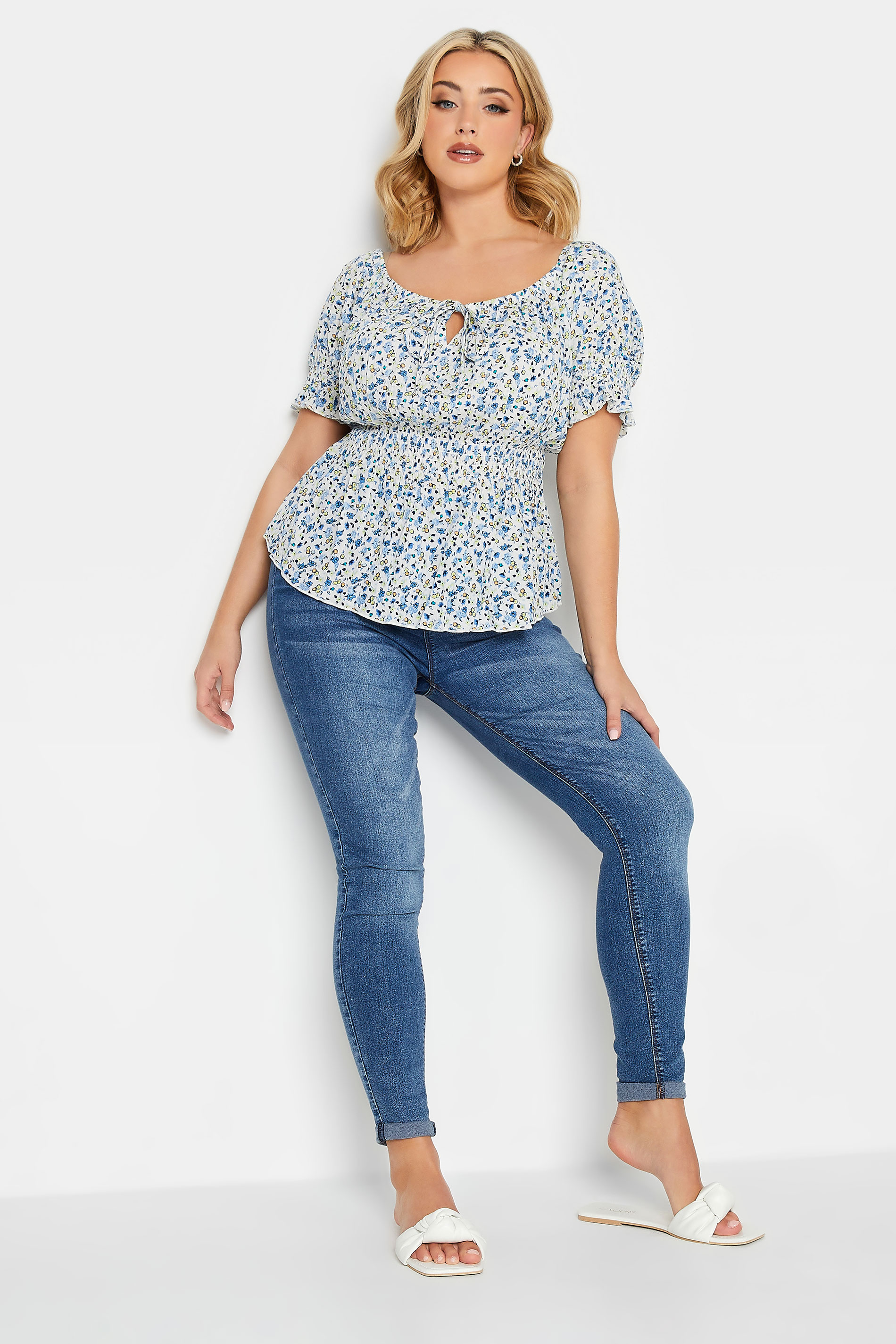 YOURS PETITE Plus Size Curve White & Blue Floral Bardot Top | Yours Clothing  2