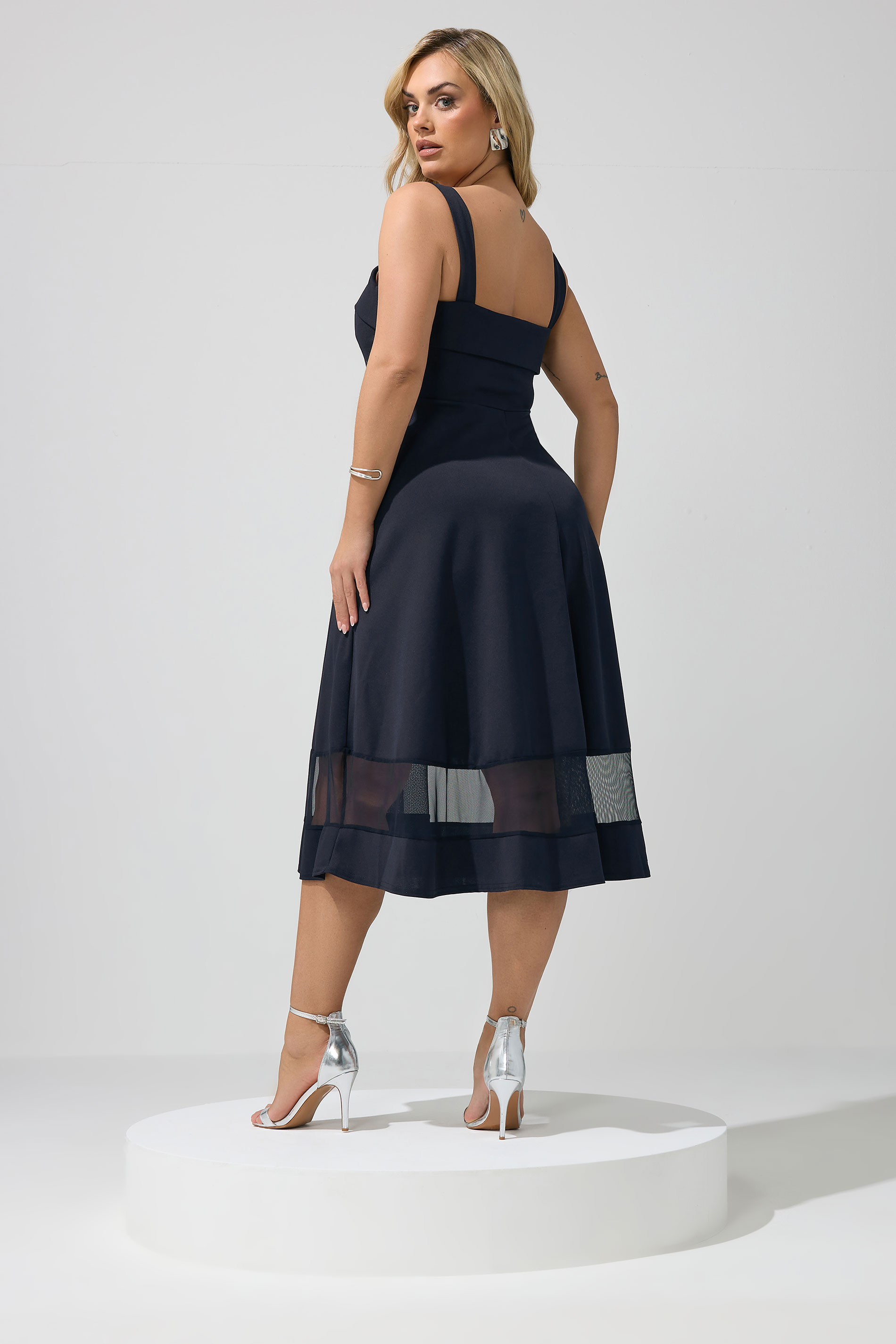 YOURS LONDON Plus Size Navy Blue Mesh Insert Dress | Yours Clothing 2