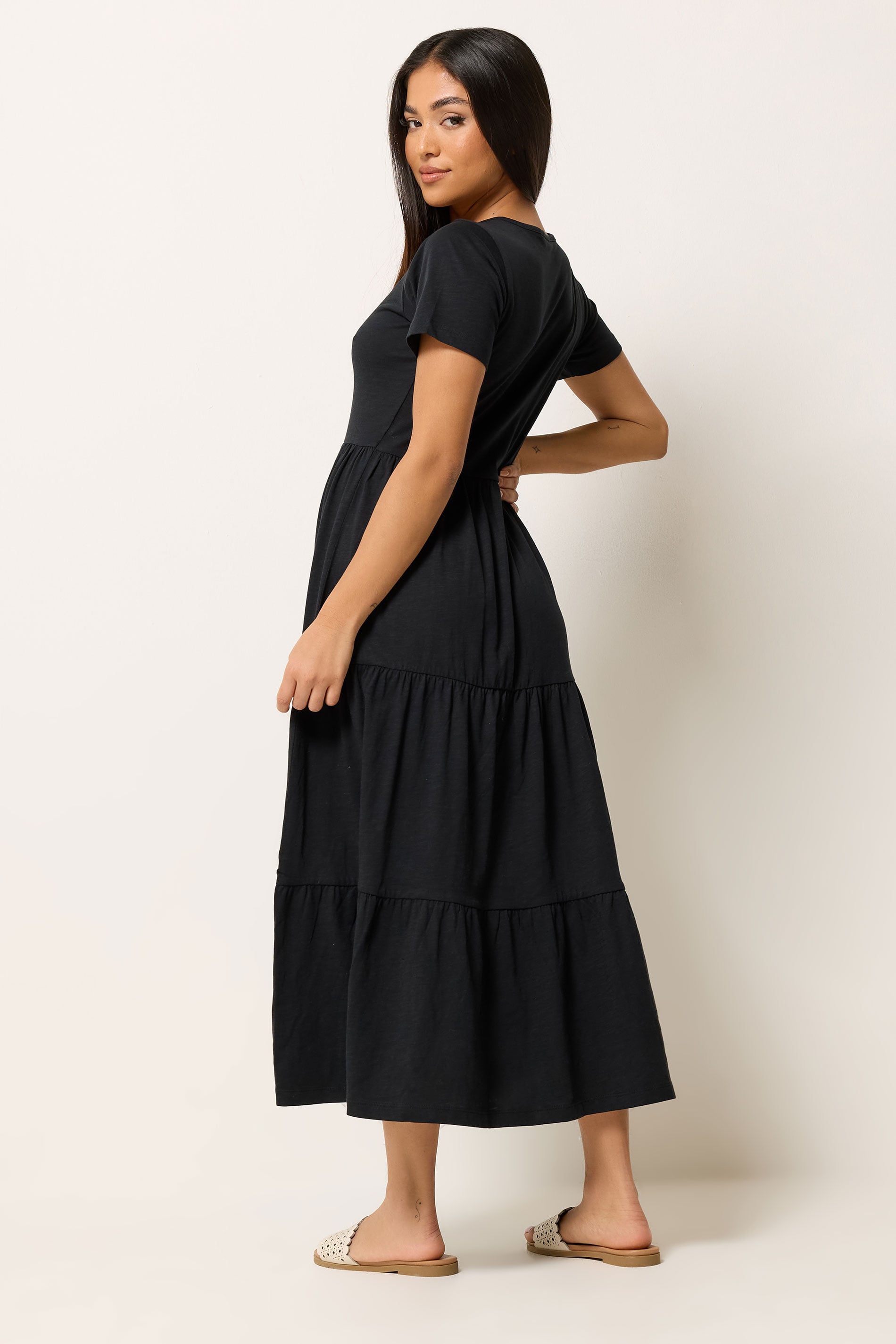 M&Co Petite Black Notch Neck Tiered Cotton Maxi Dress | M&Co 2