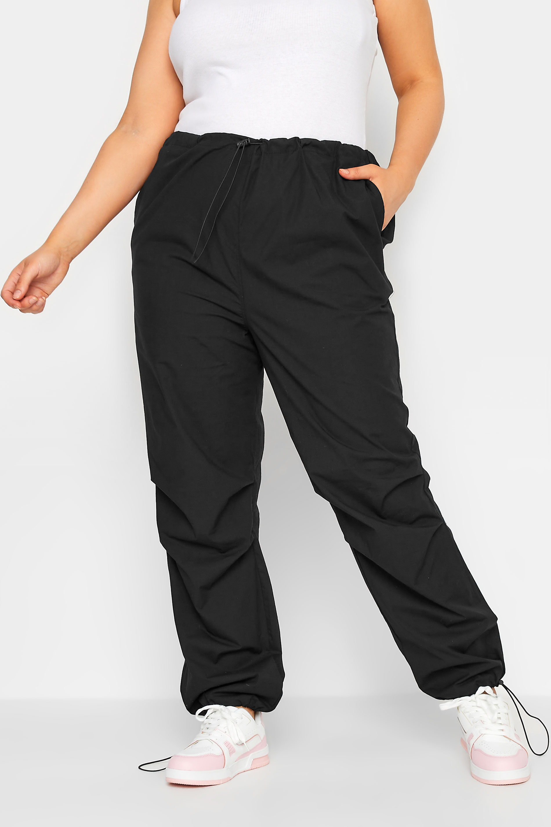 YOURS Curve Plus Size Black Cuffed Parachute Trousers | Yours Clothing  1