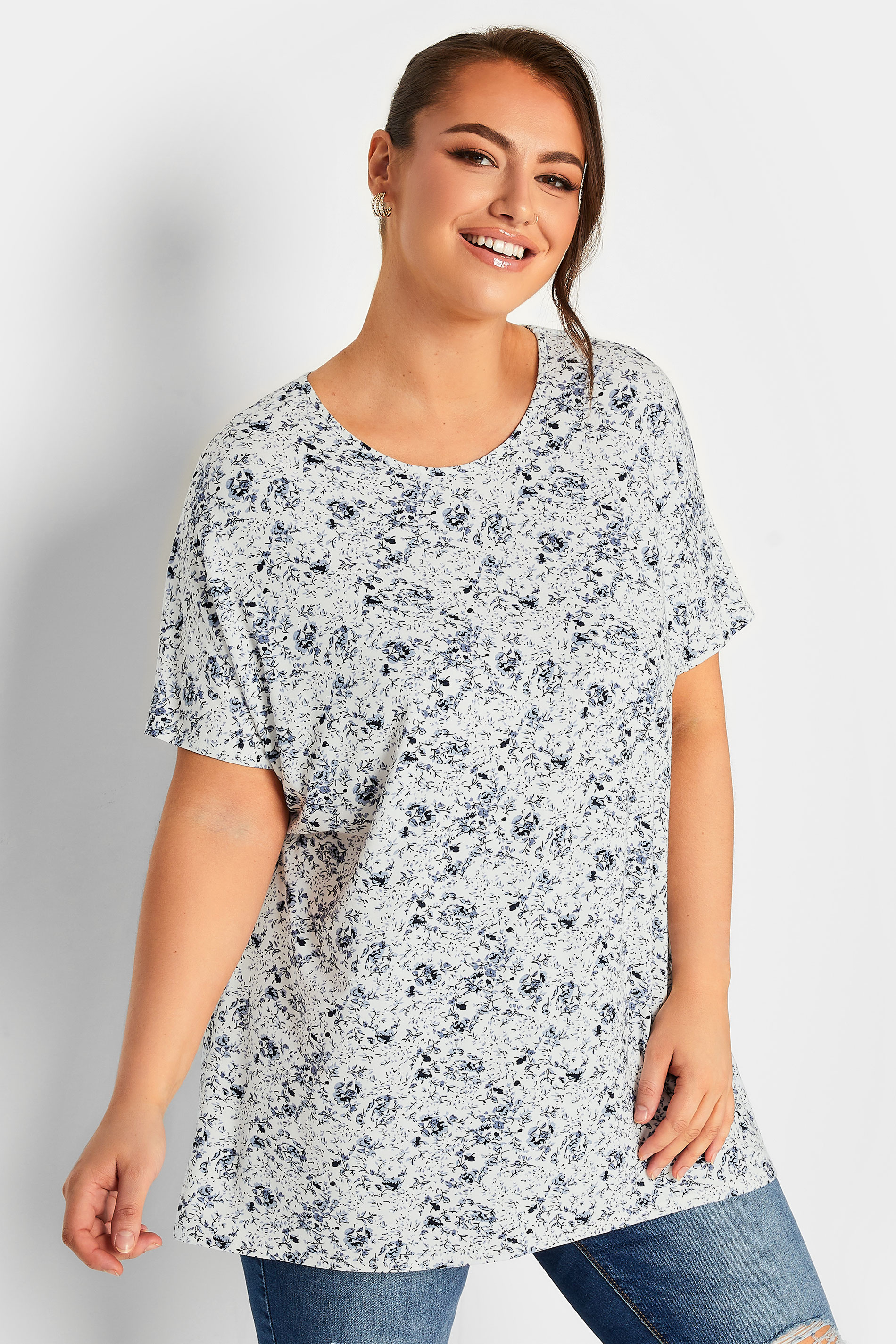 YOURS Plus Size Blue Floral Round Neck Top | Yours Clothing 1