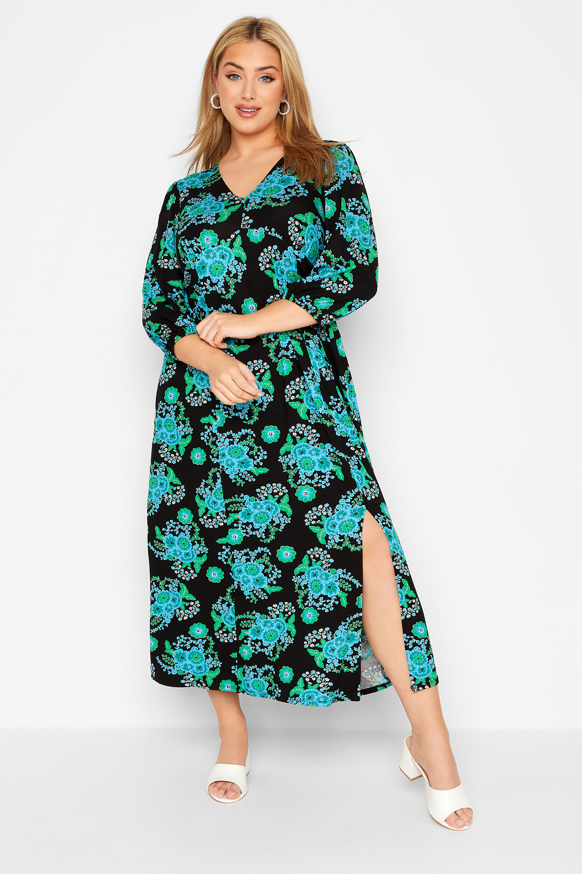 YOURS LONDON Plus Size Black & Green Floral Print Side Split Maxi Dress | Yours Clothing 1