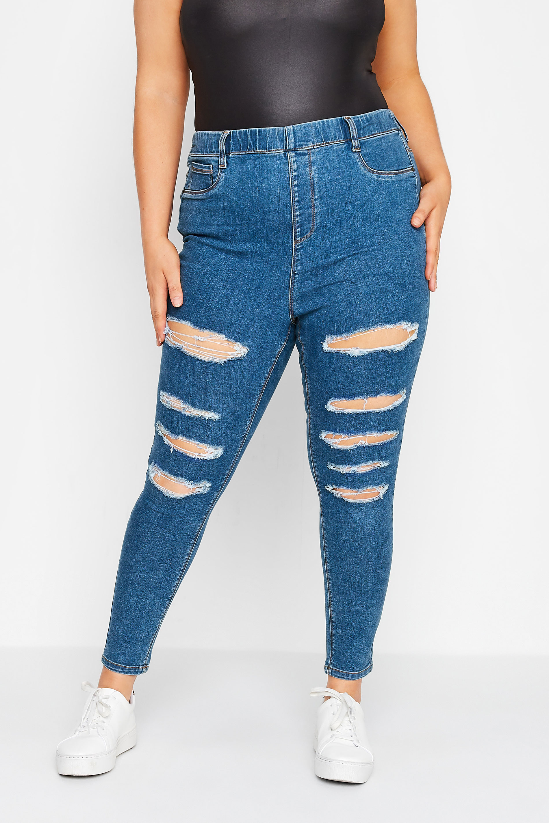 Plus Size Blue Ripped GRACE Jeggings | Yours Clothing 1
