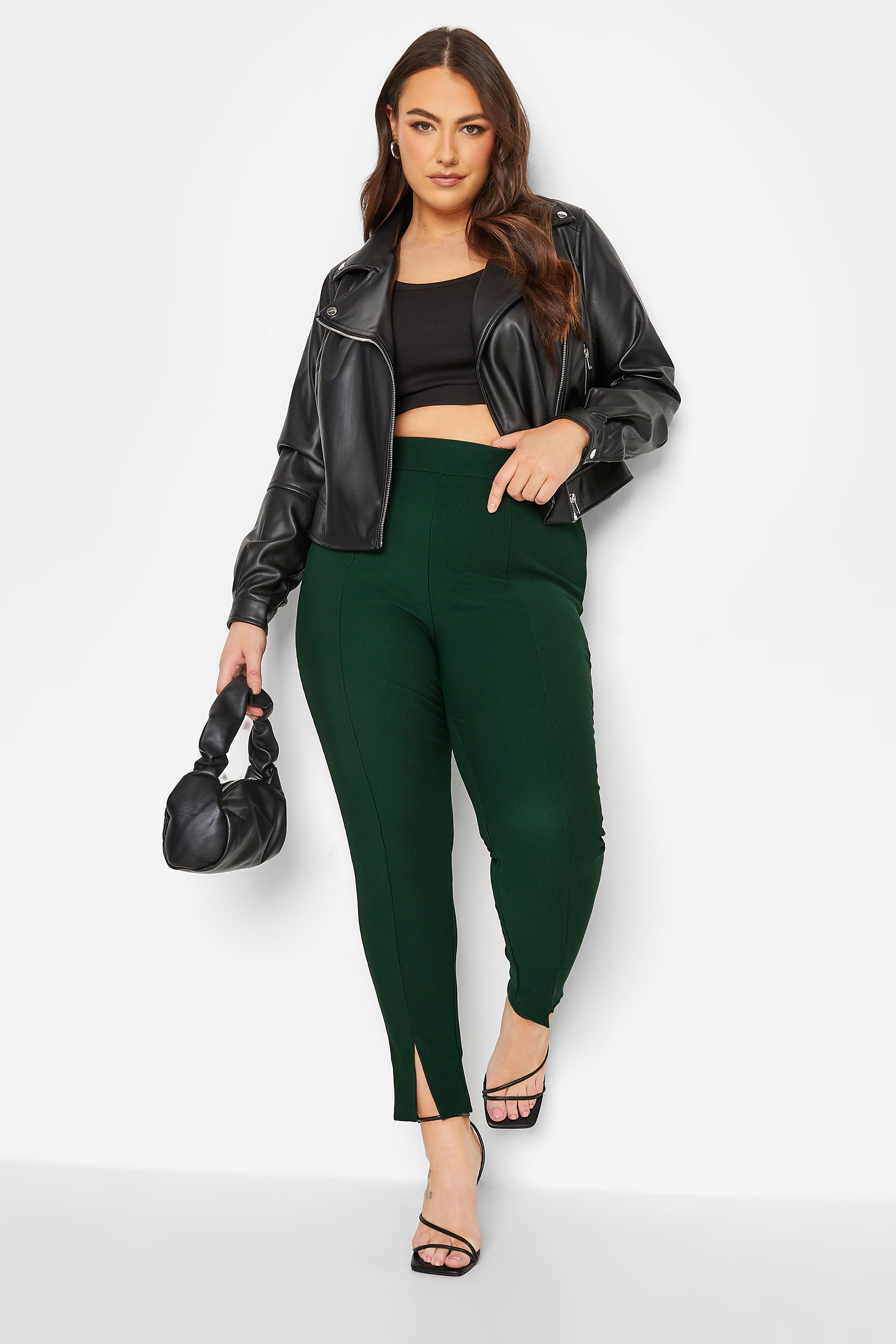Plus Size Forest Green Ribbed Split Hem Stretch Leggings | Yours Clothing  2