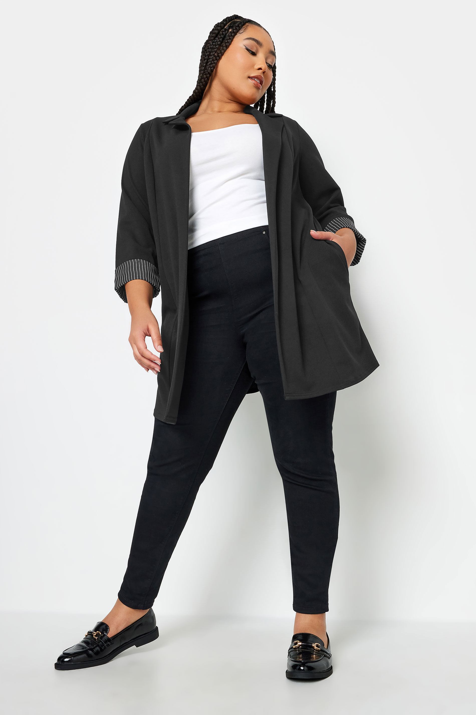 YOURS Plus Size Black Pinstripe Turn Up Sleeve Blazer | Yours Clothing 2