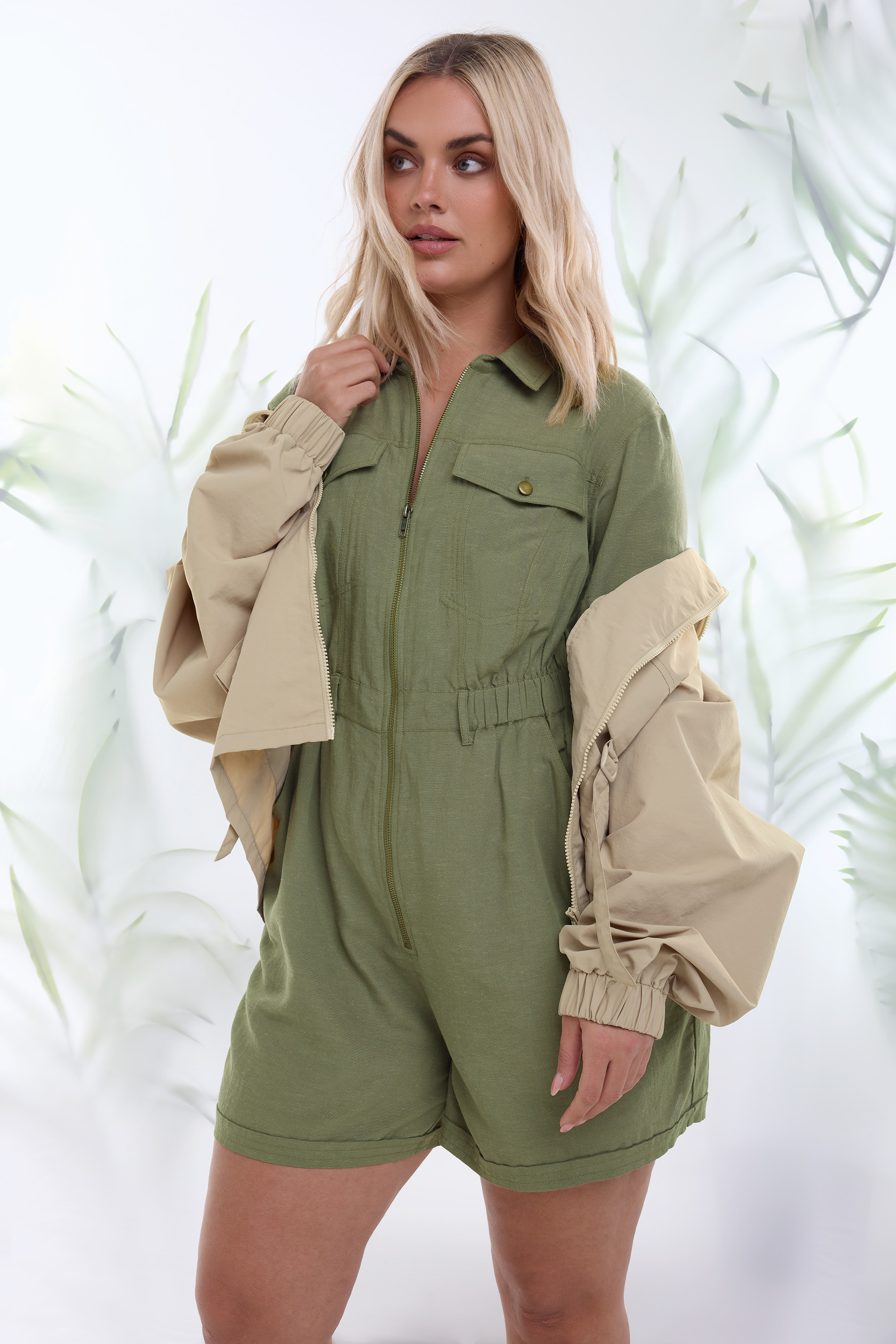 YOURS Plus Size Khaki Green Linen Look Utility Playsuit | Yours Clothing 1