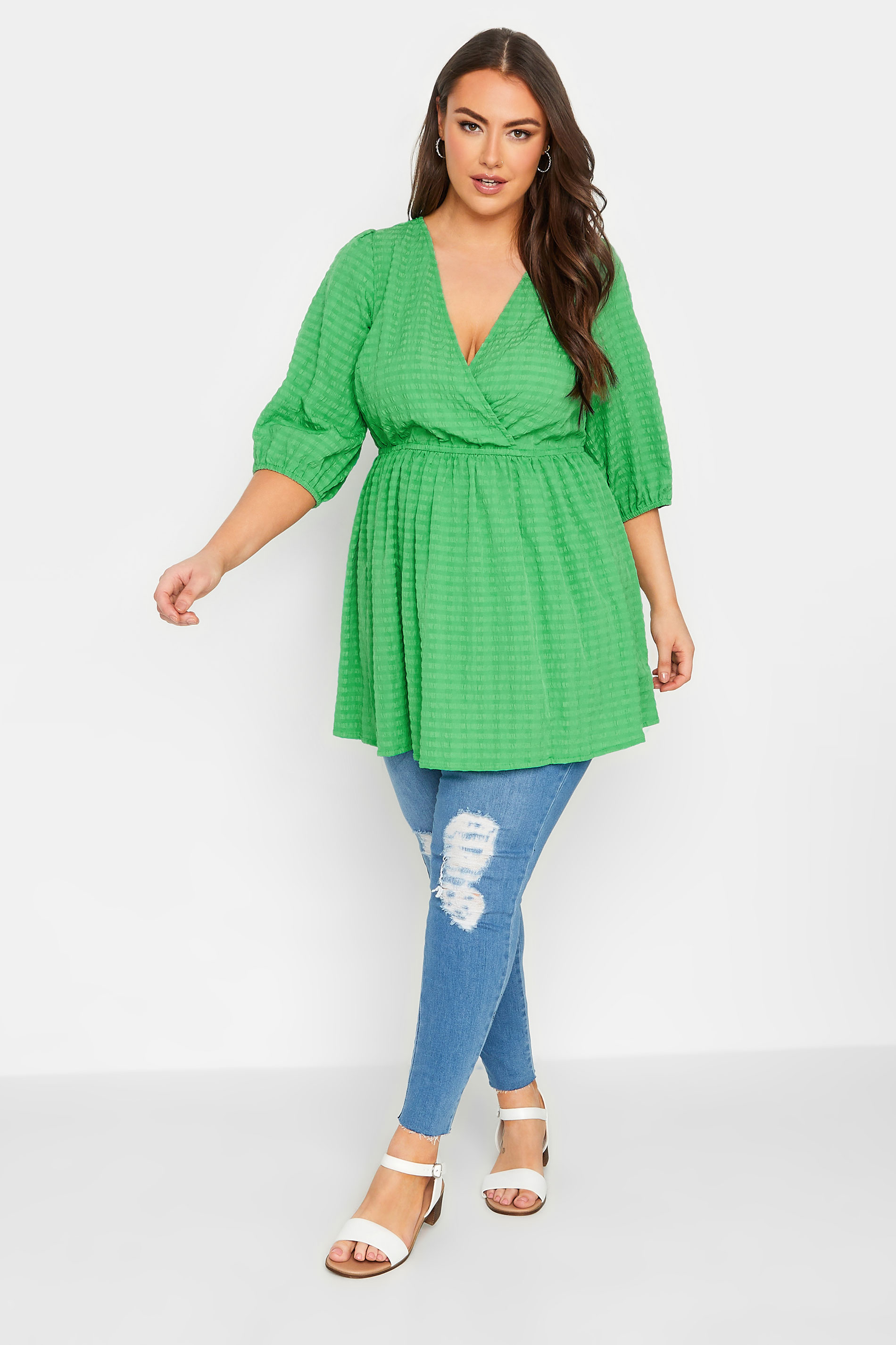 YOURS Curve Plus Size Green Textured Wrap Top | Yours Clothing  2
