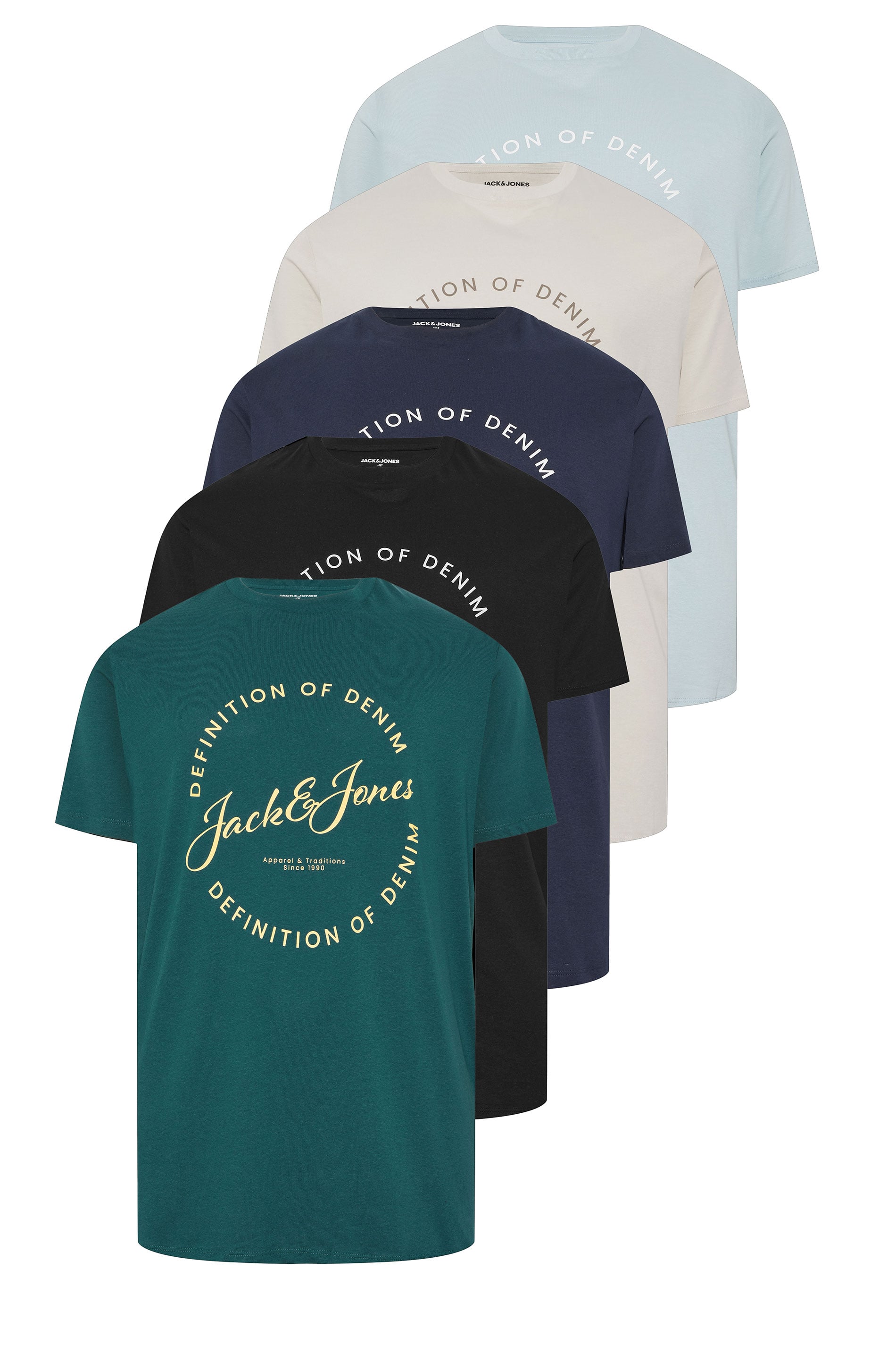 JACK & JONES Big & Tall 5 PACK Blue/Navy Blue/Green/Off-White/Black T-Shirts | BadRhino 3